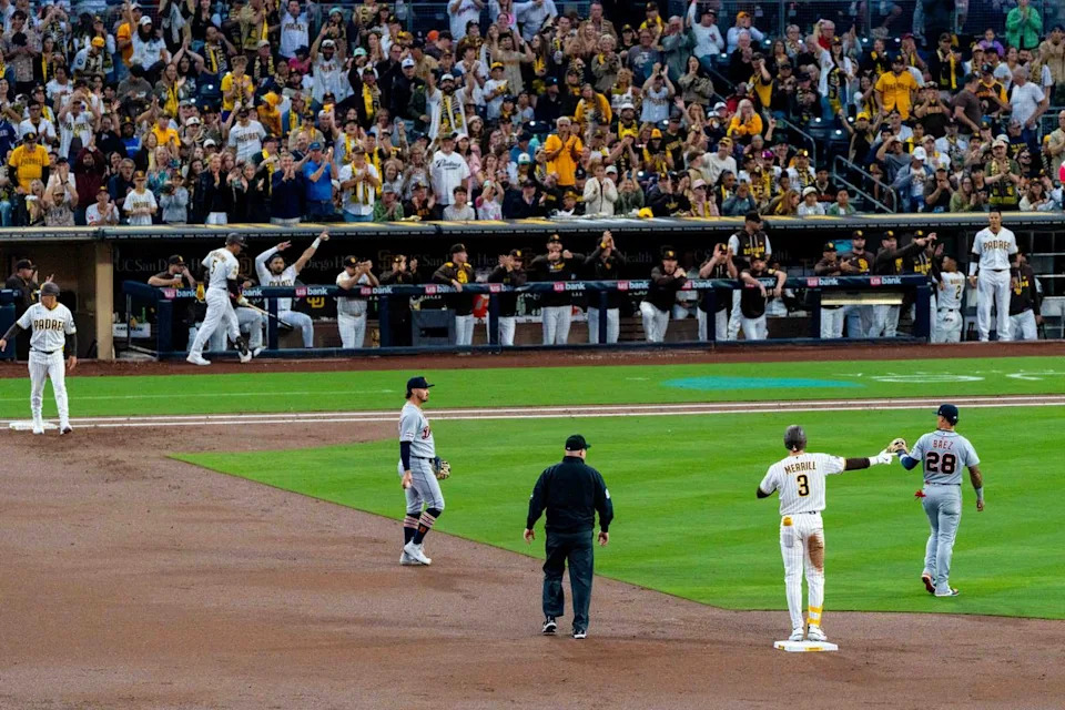 San Diego Padres outfielder Jackson Merrill (3) celebrates a double during an MLB game between the Detroit Tigers and the San Diego Padres, Friday March 27, 2026 at Petco Park in San Diego, Calif.