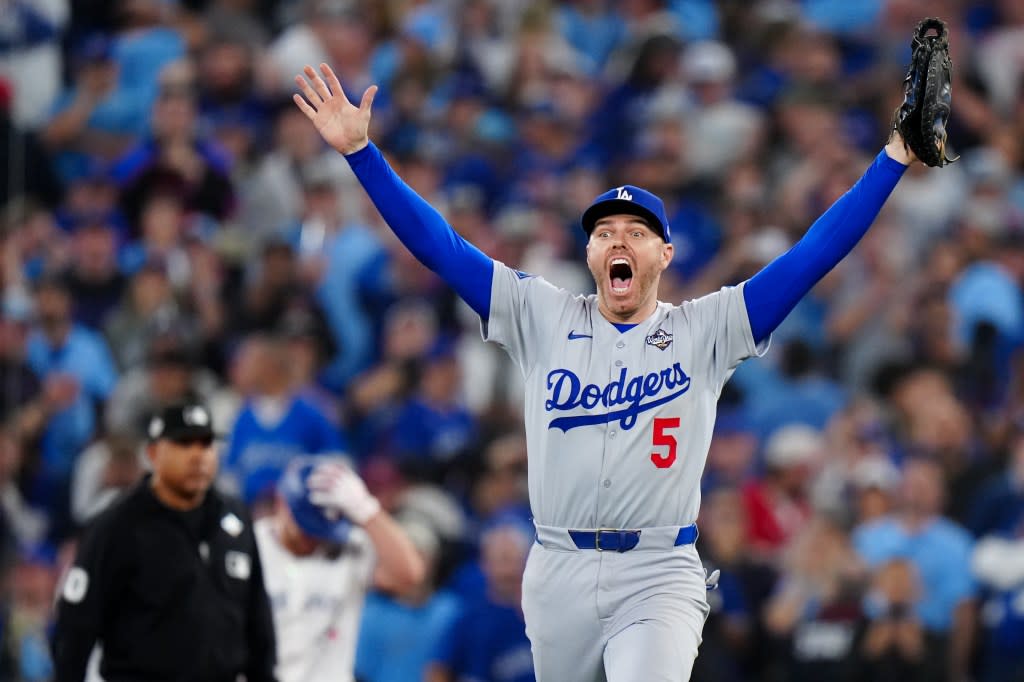 Freddie Freeman of the Los Angeles Dodgers celebrates after winning Game 7 of the 2025 World Series between the Los Angeles Dodgers and the Toronto Blue Jays at Rogers Centre on Saturday, November 1, 2025 in Toronto, Ontario, Canada. (Photo by Daniel Shirey/MLB Photos via Getty Images) MLB Photos via Getty Images