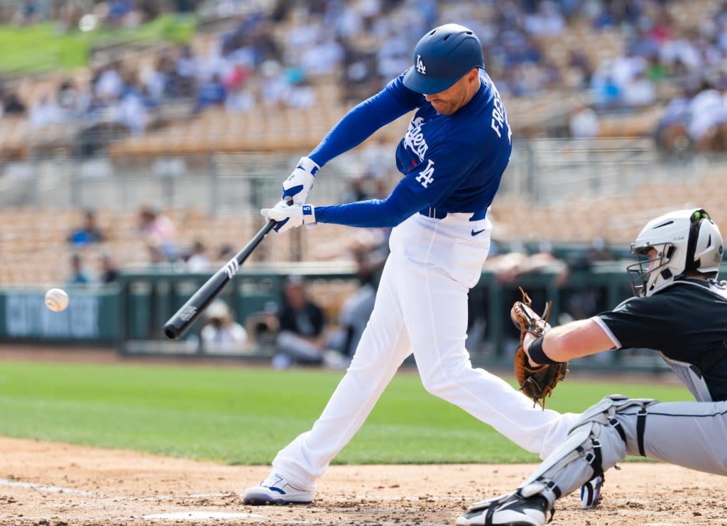 Los Angeles Dodgers first baseman Freddie Freeman against the Chicago White Sox during a spring training game at Camelback Ranch-Glendale. Mandatory Credit: Mark J. Rebilas-Imagn Images Mark J. Rebilas-Imagn Images