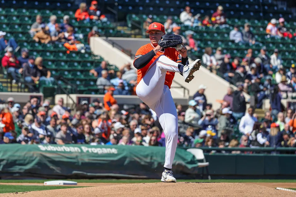 Detroit Tigers pitcher Tarik Skubal (29) throws during the first inning against the Minnesota Twins at Joker Marchant Stadium in Lakeland, Florida, on Monday, Feb. 23, 2026.