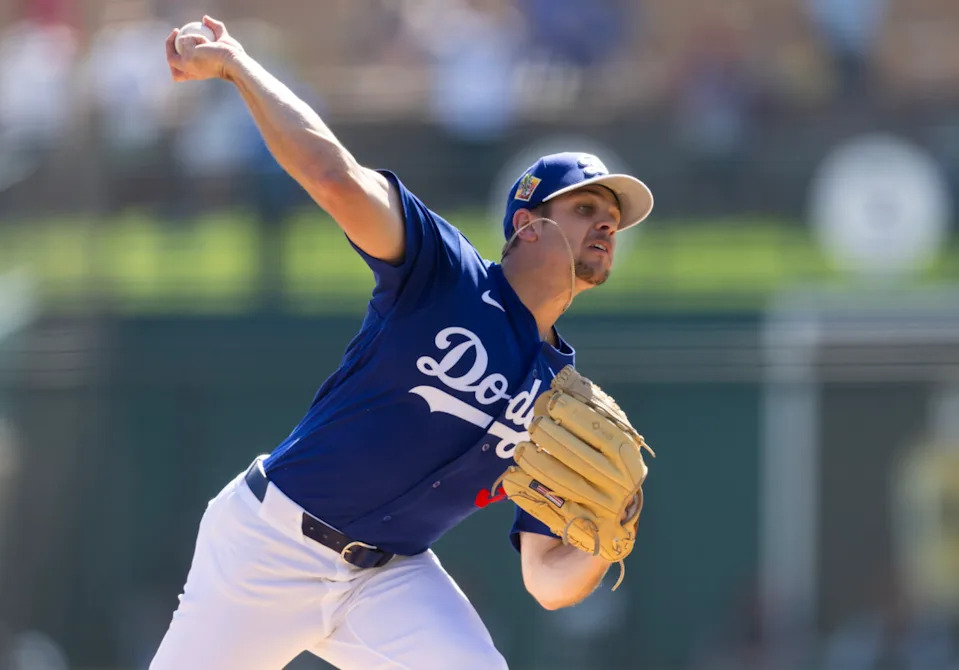 Feb 24, 2026; Phoenix, Arizona, USA; Los Angeles Dodgers pitcher Gavin Stone against the Cleveland Guardians during a spring training game at Camelback Ranch-Glendale. Mandatory Credit: Mark J. Rebilas-Imagn Images