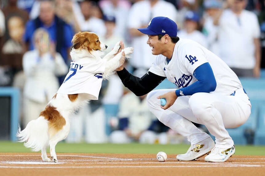 Shohei Ohtani of the Los Angeles Dodgers and his dog Decoy delivers a ceremonial first before the game against the Baltimore Orioles.