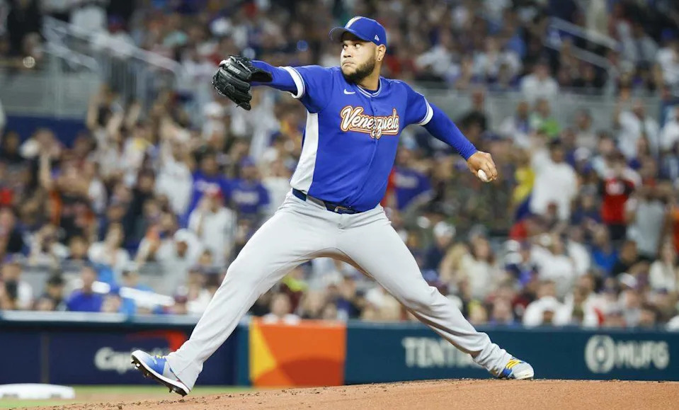 Venezuela pitcher Eduardo Rodriguez (52) pitches against the United States in the first inning during the final game of the 2026 World Baseball Classic at loanDepot park on Tuesday, March 17, 2026.