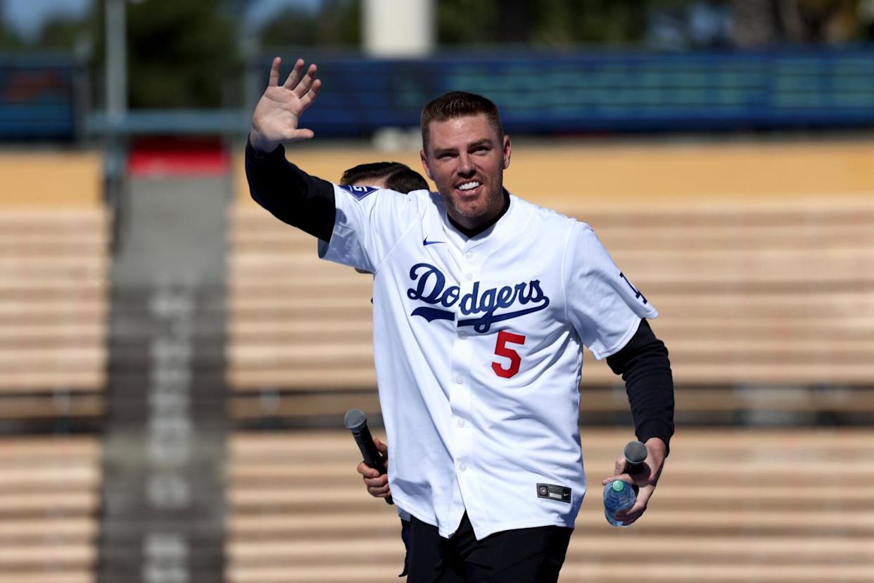 Freddie Freeman waves to fans during Dodgerfest at Dodger Stadium on Jan. 31.