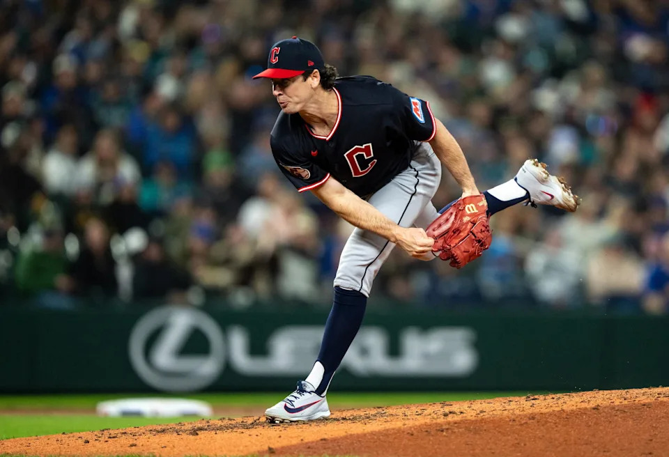 Cleveland Guardians reliever Matt Festa (52) delivers a pitch during the sixth inning against the Seattle Mariners at T-Mobile Park. Stephen Brashear-Imagn Images
