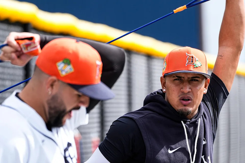 Detroit Tigers pitcher Keider Montero, right, talks to pitcher Enmanuel De Jesus at practice during spring training at TigerTown in Lakeland, Fla. on Tuesday, Feb. 17, 2026.