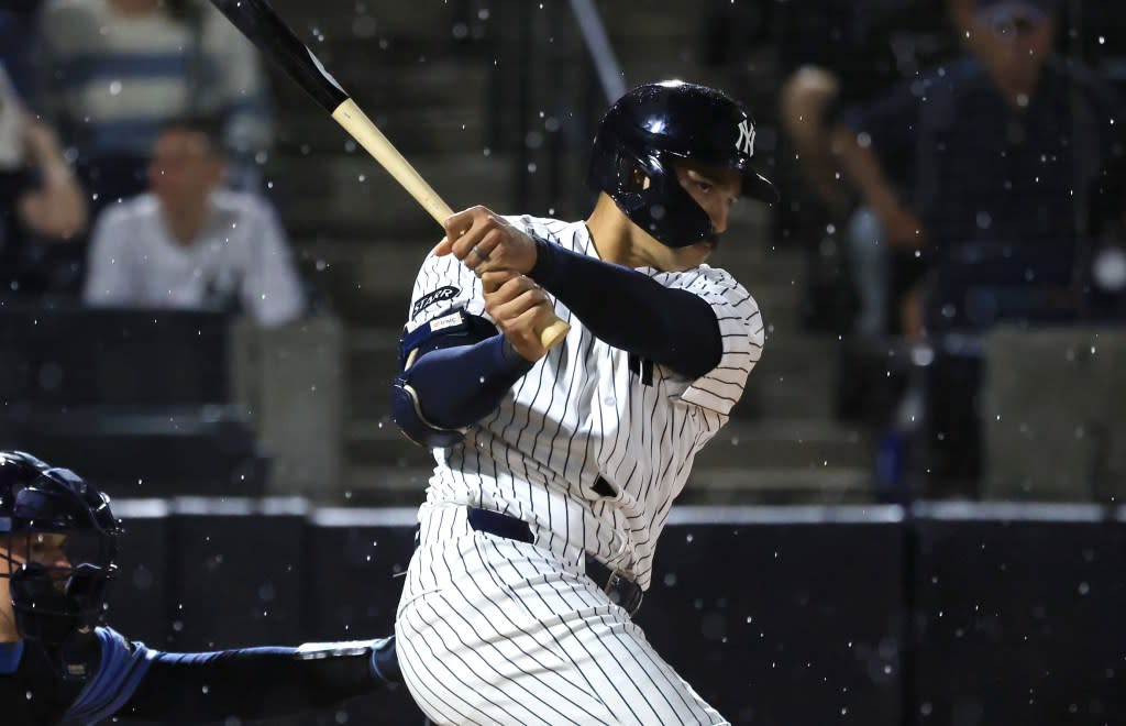 Trent Grisham belts a two-run single in the second inning of the Yankees’ 3-0 spring training win over the Rays at George M. Steinbrenner Field on March 6, 2026. Kim Klement Neitzel-Imagn Images
