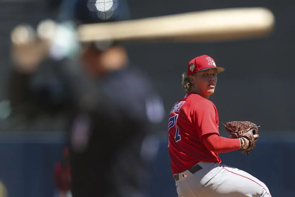Mar 18, 2026; Tampa, Florida, USA; Boston Red Sox starting pitcher Connelly Early (71) throws a pitch against the New York Yankees in the second inning during spring training at George M. Steinbrenner Field. (Nathan Ray Seebeck/Imagn Images)