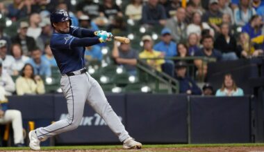 Tampa Bay Rays' Nick Fortes hits an RBI double during the ninth inning of a baseball game against the Milwaukee Brewers, Monday, March 30, 2026, in Milwaukee.