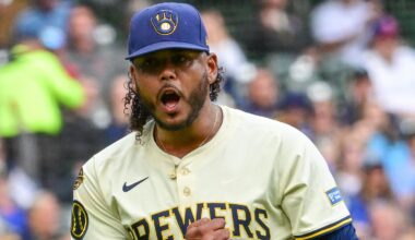 Freddy Peralta celebrating in a Brewers uniform