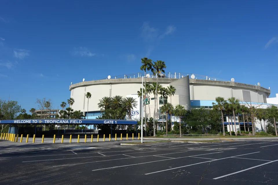 A general overall view of Tropicana Field and stadium dome damage from Hurricane Milton on April 5, 2025 in St. Petersburg, Florida.