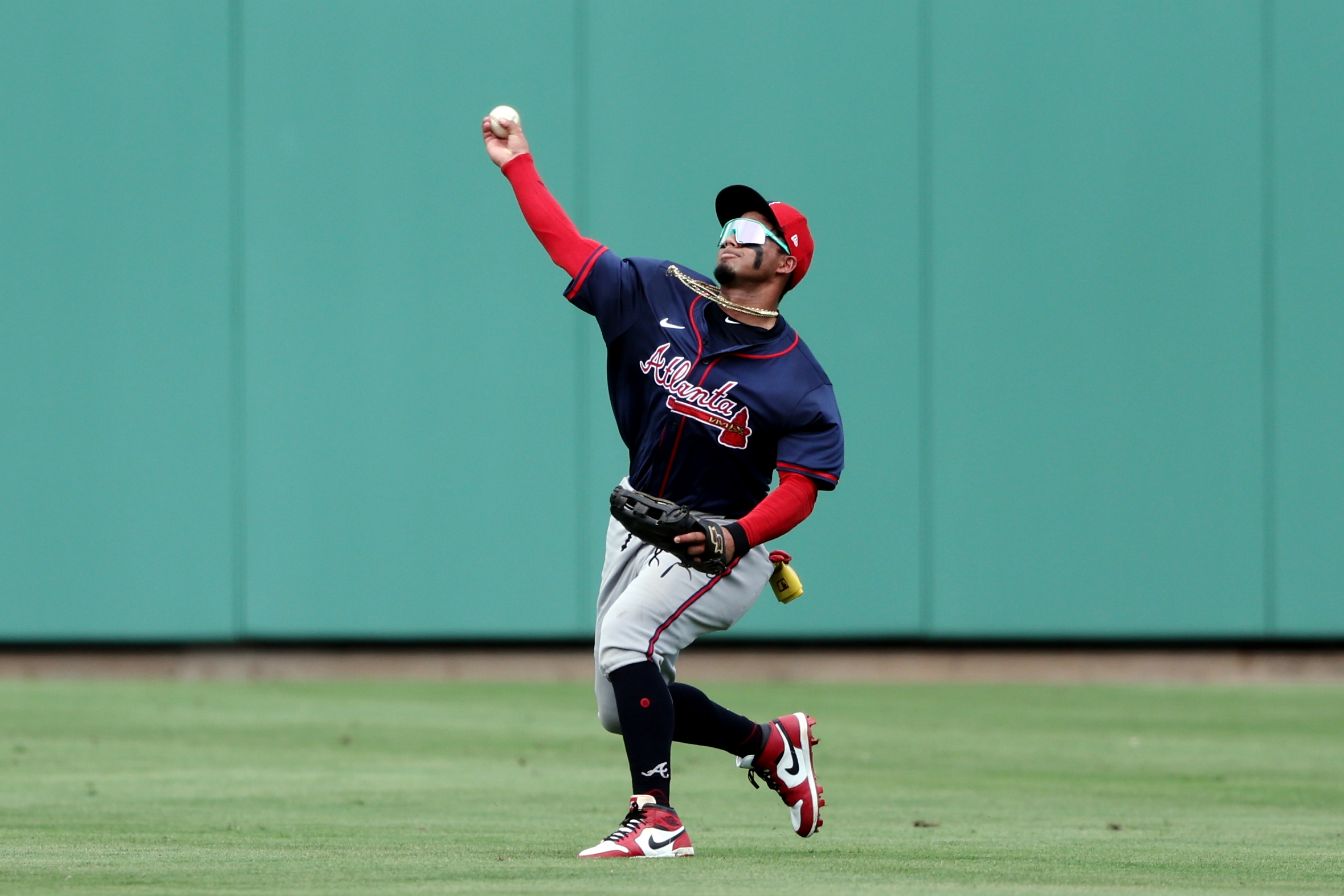 FORT MYERS, - MARCH 16: Luis Guanipa #72 of the Atlanta Braves throws the ball back to the infield during the 2024 Spring Breakout Game between the Atlanta Braves and the Boston Red Sox at JetBlue Park on Saturday, March 16, 2024 in Fort Myers, Florida. (Photo by Kelly Gavin/MLB Photos via Getty Images)