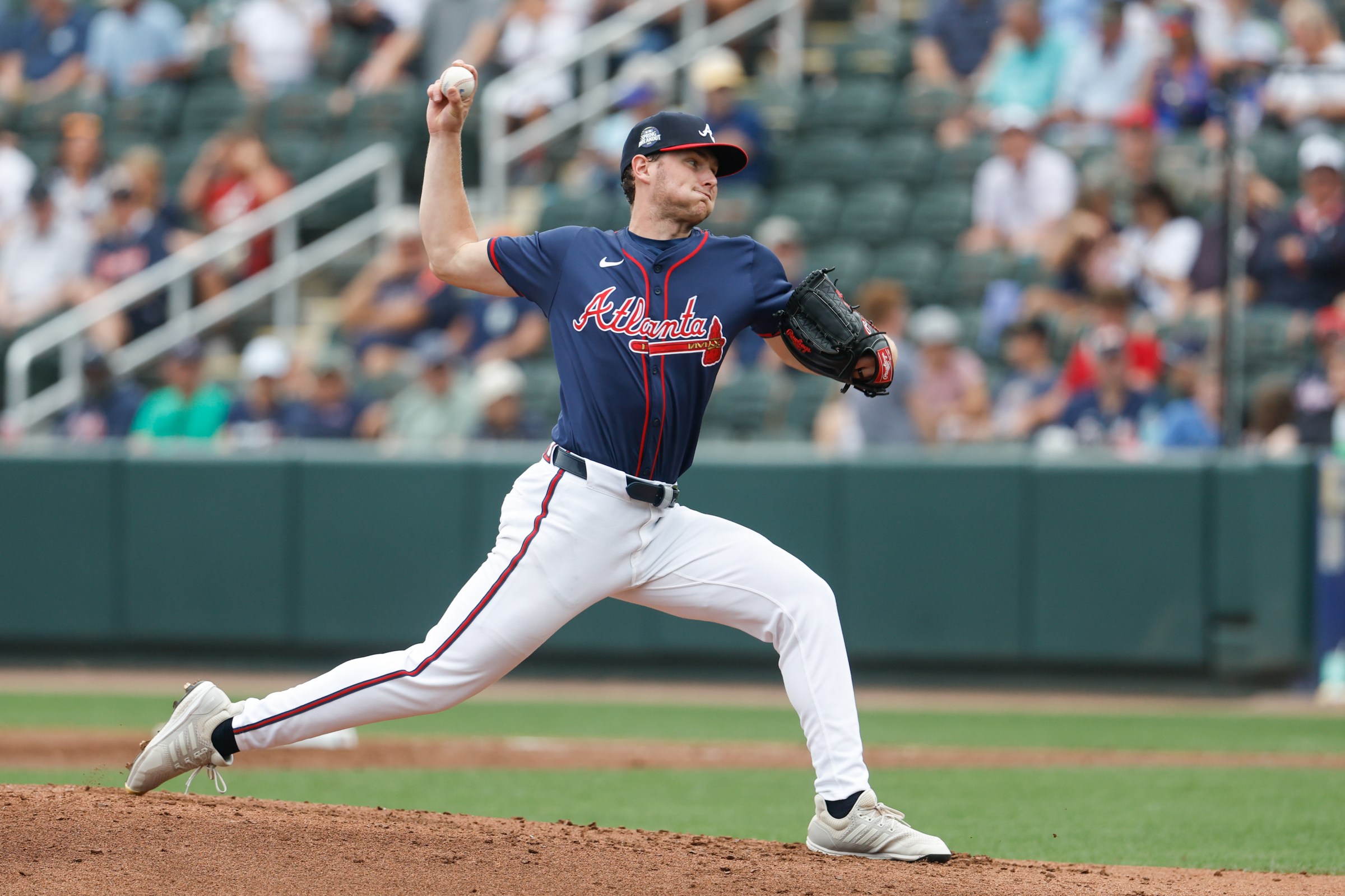 NORTH PORT, FL - MARCH 16: JR Ritchie #80 of the Atlanta Braves pitches during the game between the Detroit Tigers and the Atlanta Braves at CoolToday Park on Sunday, March 16, 2025 in North Port, Florida. (Photo by Scott Audette/MLB Photos via Getty Images)