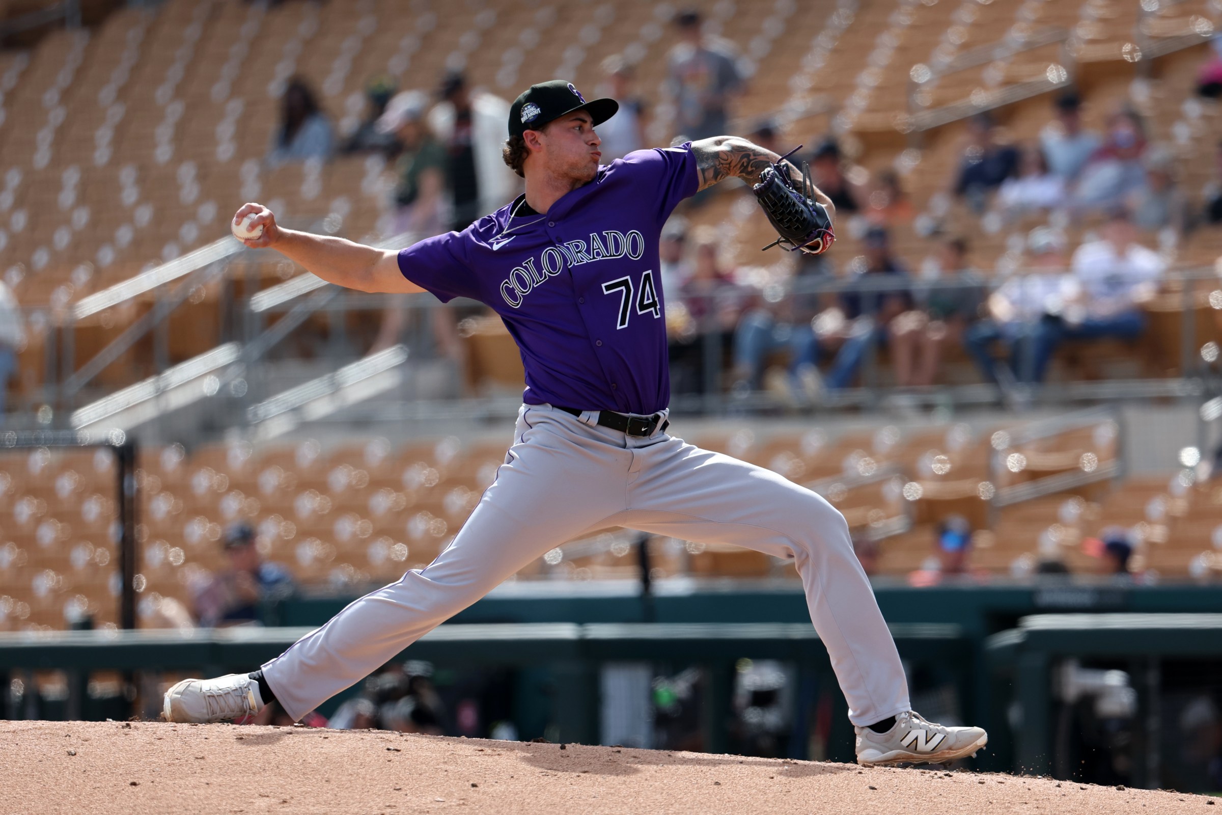 GLENDALE, AZ - MARCH 16: Brody Brecht #74 of the Colorado Rockies pitches during the game between the Colorado Rockies and the Chicago White Sox at Camelback Ranch on Sunday, March 16, 2025 in Glendale, Arizona. (Photo by Rob Leiter/MLB Photos via Getty Images)
