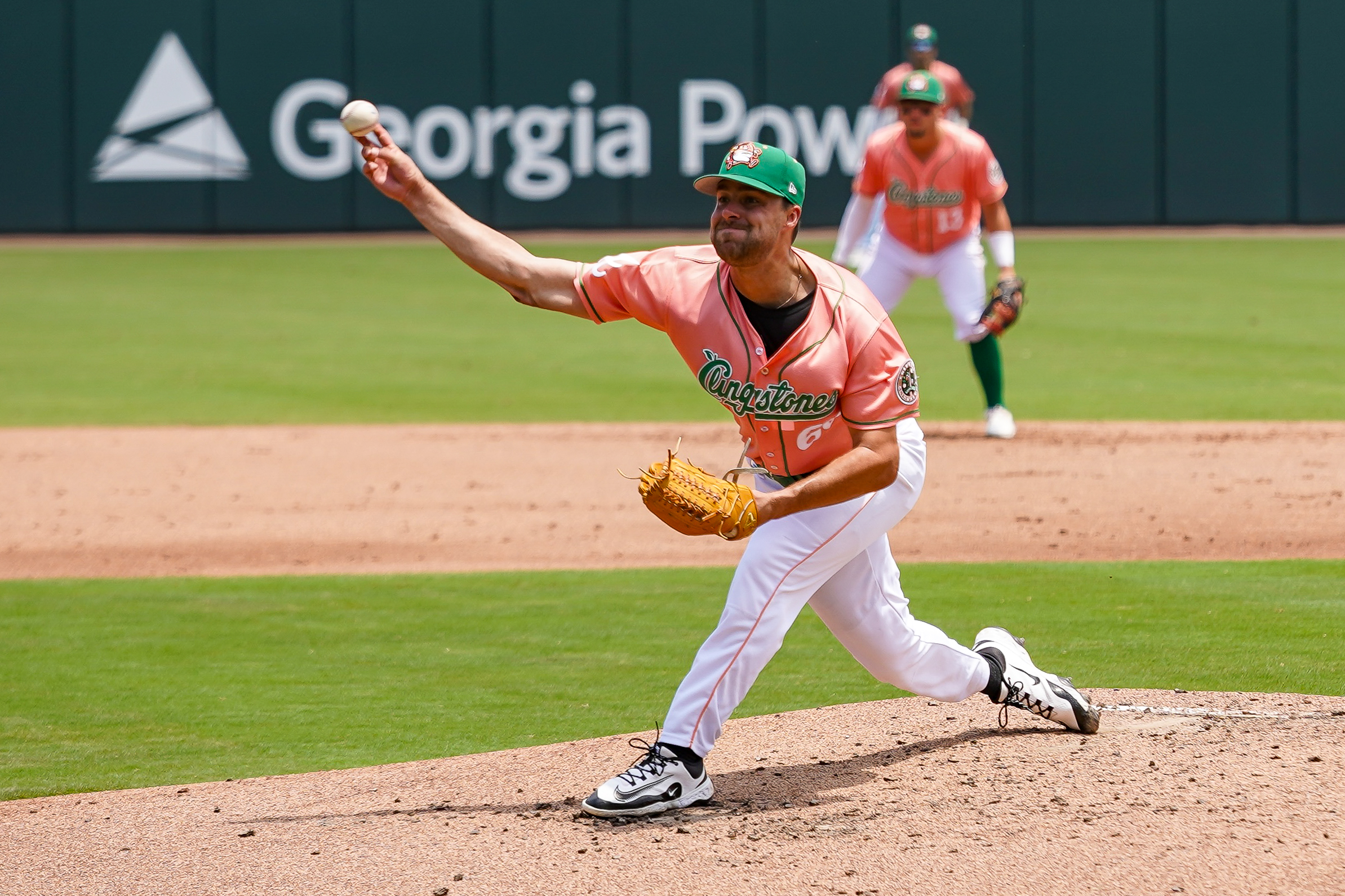 COLUMBUS, GA - JULY 06: Brett Sears #66 of the Columbus Clingstones pitches during the game between the Montgomery Biscuits and the Columbus Clingstones at Synovus Park on Sunday, July 6, 2025 in Columbus, Georgia. (Photo by Natalie Buchanan/Minor League Baseball via Getty Images)