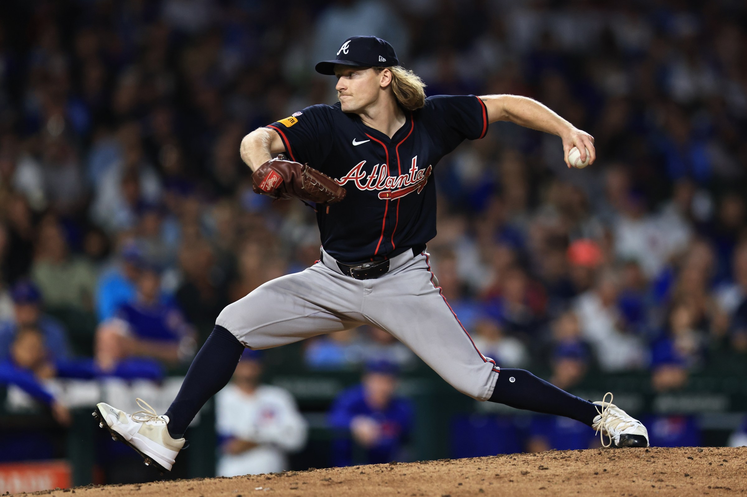 CHICAGO, ILLINOIS - SEPTEMBER 2: Hayden Harris #79 of the Atlanta Braves pitches against the Chicago Cubs at Wrigley Field on September 2, 2025 in Chicago, Illinois. (Photo by Geoff Stellfox/Getty Images)