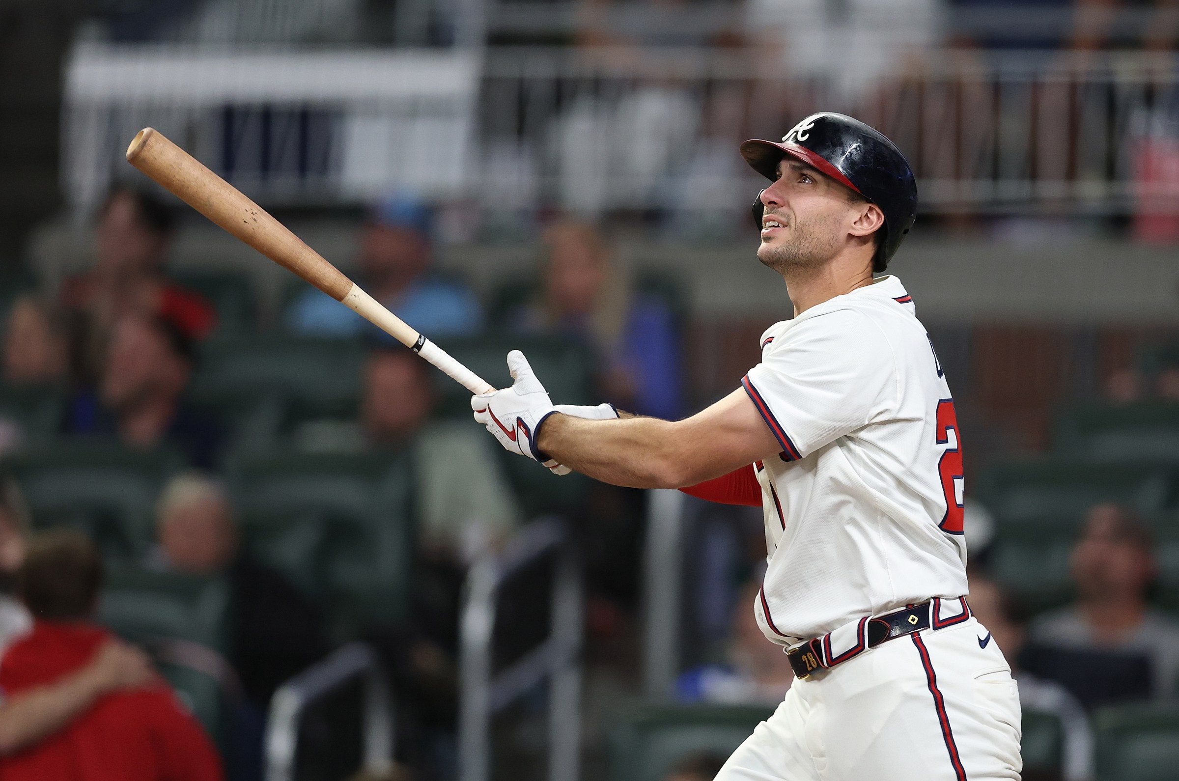 ATLANTA, GEORGIA - SEPTEMBER 08: Matt Olson #28 of the Atlanta Braves hits a solo homer in the eighth inning against the Chicago Cubs at Truist Park on September 08, 2025 in Atlanta, Georgia. (Photo by Kevin C. Cox/Getty Images)