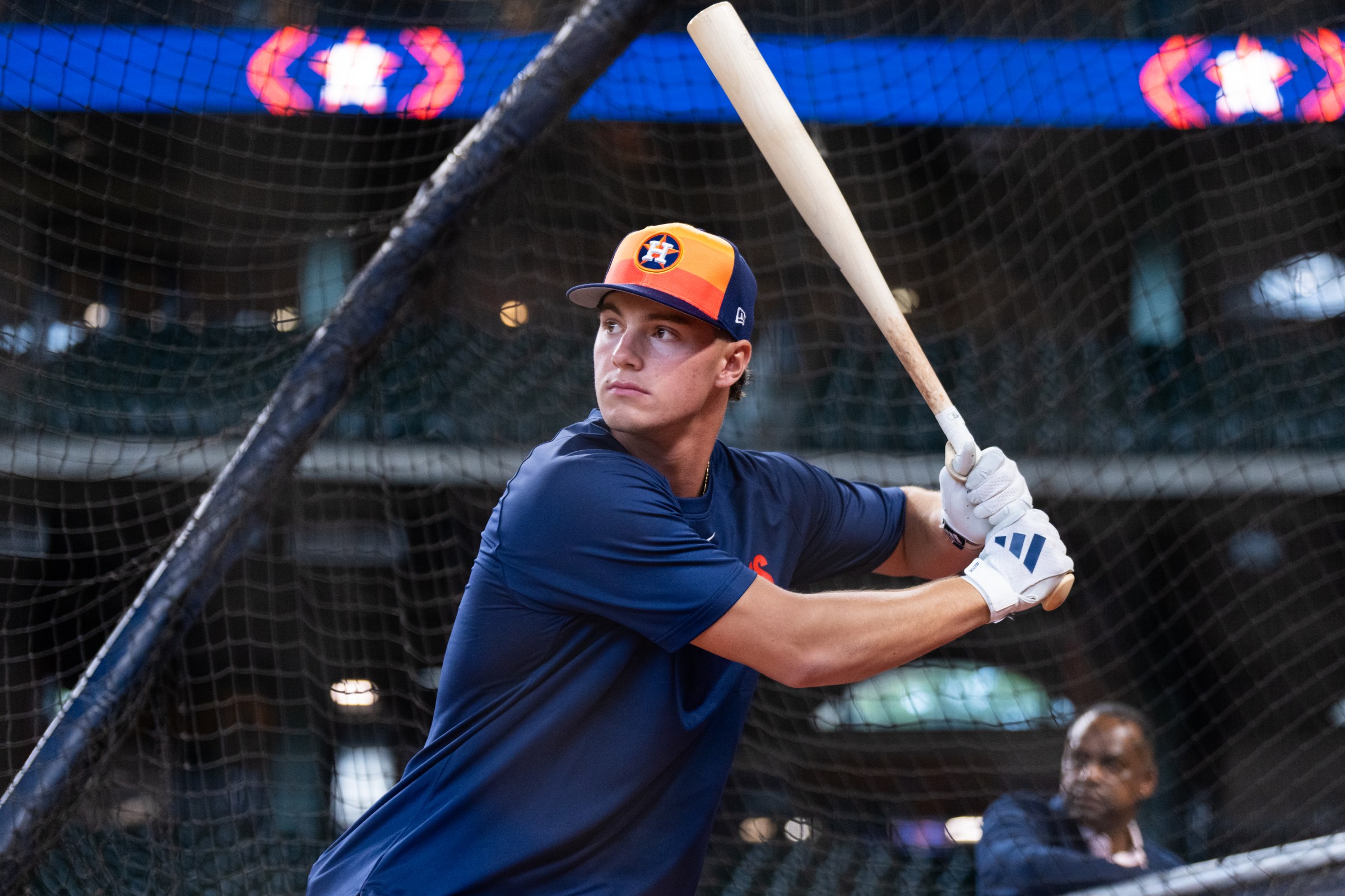 HOUSTON, TEXAS - SEPTEMBER 19: The Houston Astros 2025 first round draft pick, Xavier Neyens, takes batting practice before a game against the Seattle Mariners at Daikin Park on September 19, 2025 in Houston, Texas. (Photo by Houston Astros/Getty Images)