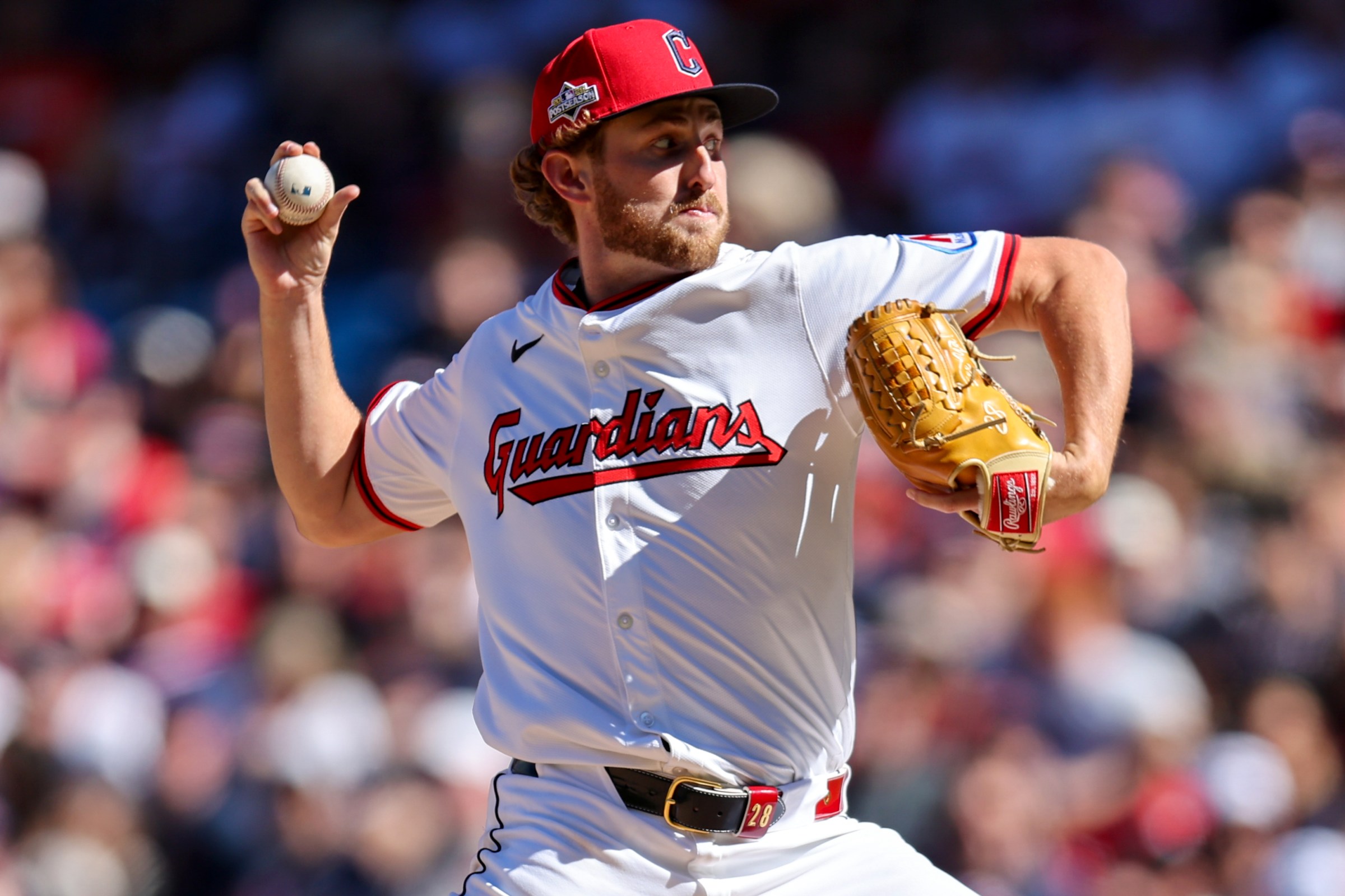 CLEVELAND, OH - OCTOBER 01: Cleveland Guardians starting pitcher Tanner Bibee (28) delivers a pitch to the plate during the third inning of the Major League Baseball 2025 American League Wild Card Game 2 between the Detroit Tigers and Cleveland Guardians on October 1, 2025, at Progressive Field in Cleveland, OH. (Photo by Frank Jansky/Icon Sportswire via Getty Images)