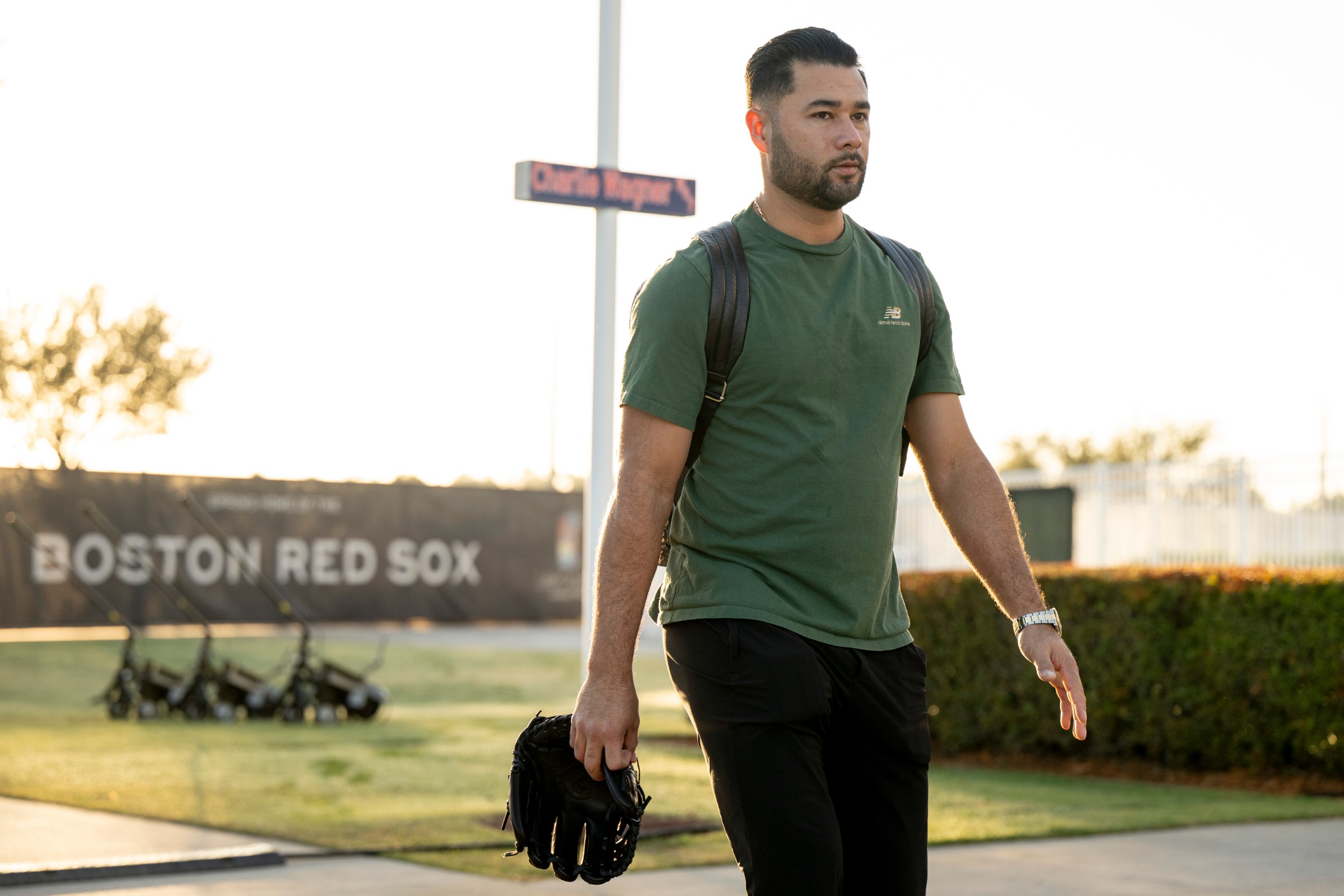 FORT MYERS, FLORIDA - FEBRUARY 10: Isiah Kiner-Falefa #2 of the Boston Red Sox arrives ahead of a team workout at JetBlue Park at Fenway South on February 10, 2026 in Fort Myers, Florida. (Photo by Maddie Malhotra/Boston Red Sox/Getty Images)