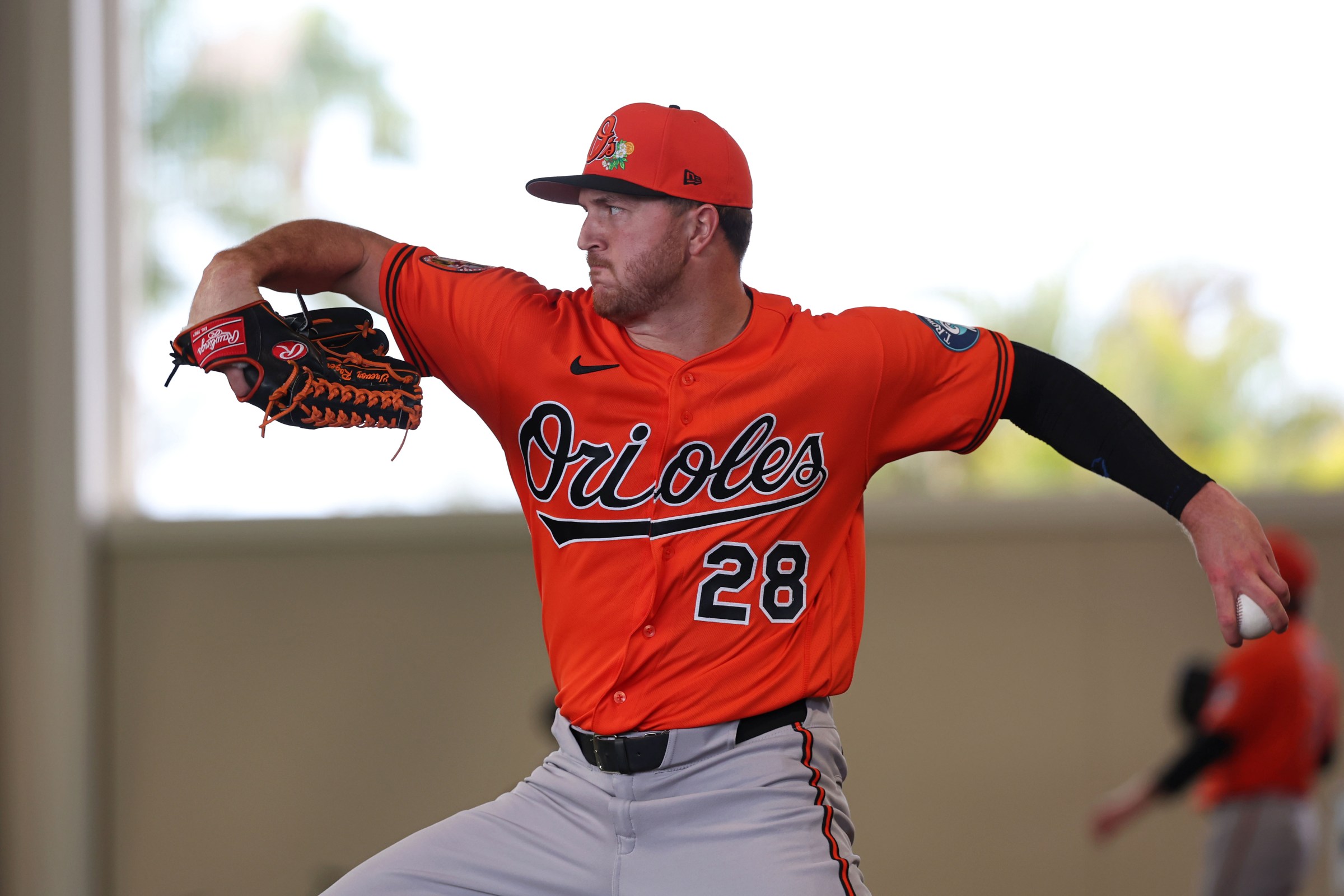 SARASOTA, FLORIDA - FEBRUARY 11: Trevor Rogers #28 of the Baltimore Orioles pitches during practice at Ed Smith Stadium on February 11, 2026 in Sarasota, Florida. (Photo by Todd Olszewski/Baltimore Orioles/Getty Images)