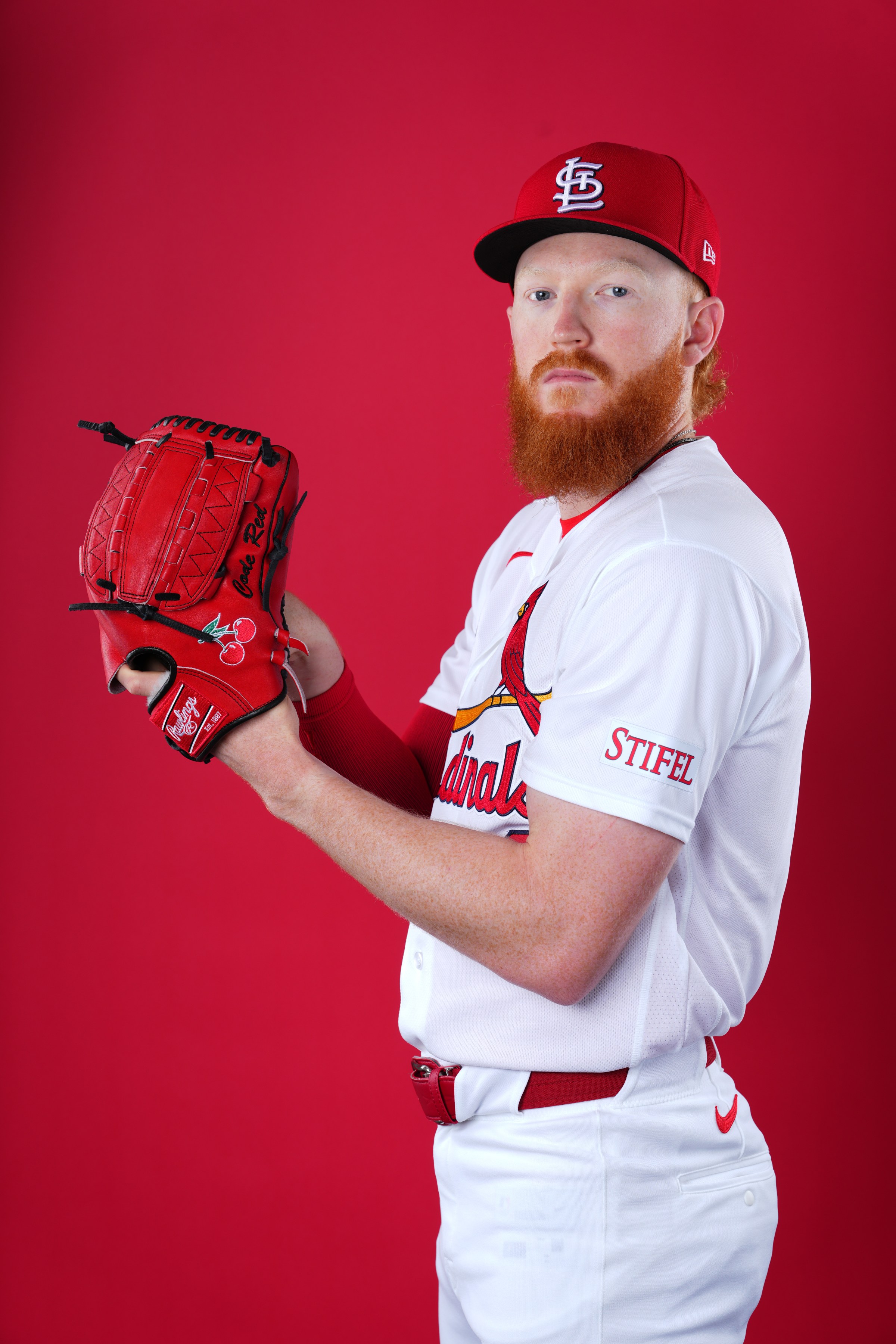 JUPITER, FLORIDA - FEBRUARY 17: Dustin May #3 of the St. Louis Cardinals poses for a photo during the St. Louis Cardinals Photo Day at Roger Dean Stadium on February 17, 2026 in Jupiter, Florida. (Photo by Rich Storry/Getty Images)