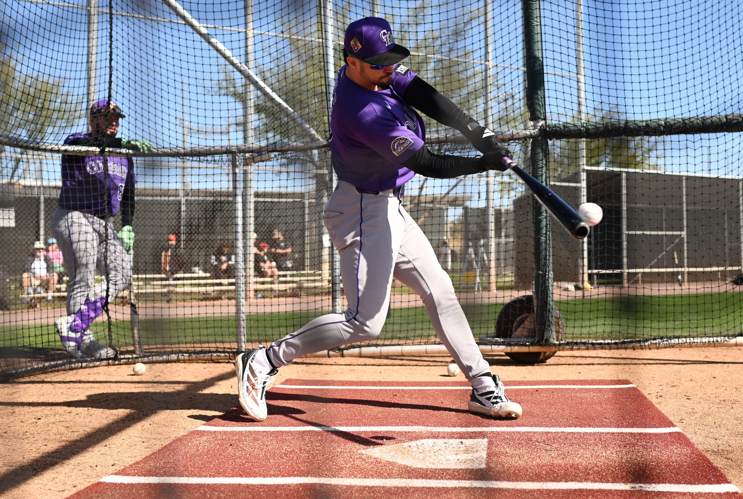 SCOTTSDALE, AZ - FEBRUARY 19: Outfielder, Brenton Doyle hits batting practice during spring training for the Colorado Rockies at Salt River Field at Talking Stick in Scottsdale, Arizona on February 19, 2026. (Photo by RJ Sangosti/MediaNews Group/The Denver Post via Getty Images)
