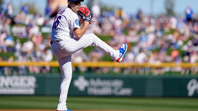 MESA, ARIZONA - FEBRUARY 21: Matthew Boyd #16 of the Chicago Cubs pitches during a Spring Training game against the Texas Rangers at Sloan Park on February 21, 2026 in Mesa, Arizona.