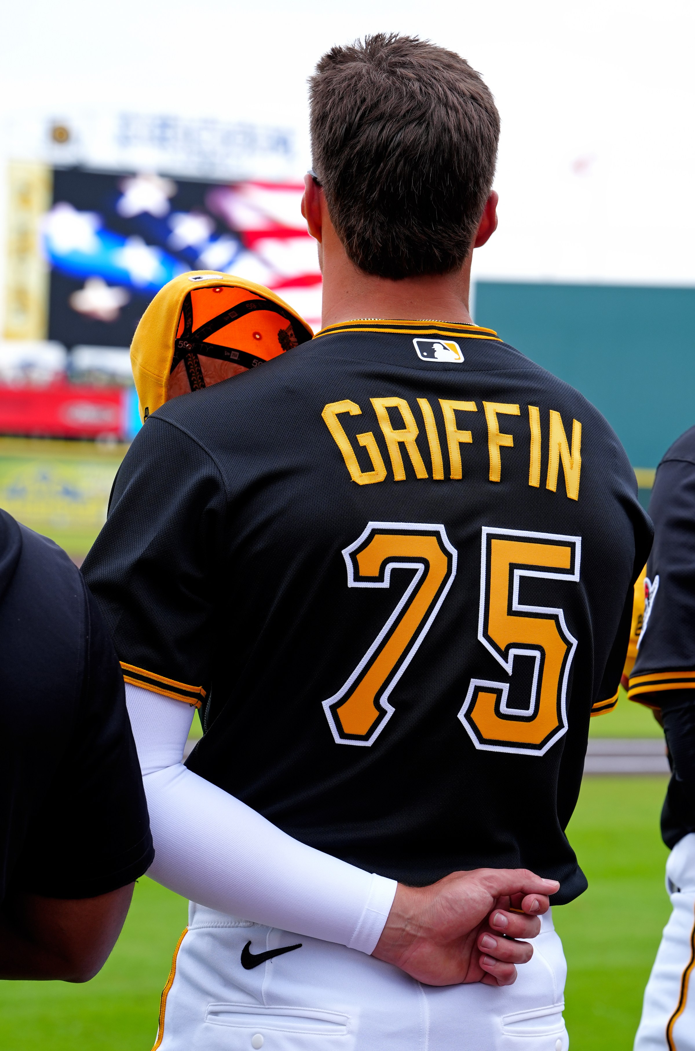 BRADENTON, FL - FEBRUARY 27: Pittsburgh Pirates shortstop Konnor Griffin (75) stands at attention during the playing of the National Anthem before a game against the Baltimore Orioles on February 27, 2026, at LECOM Park in Bradenton, Florida. (Photo by Brian Spurlock/Icon Sportswire via Getty Images)