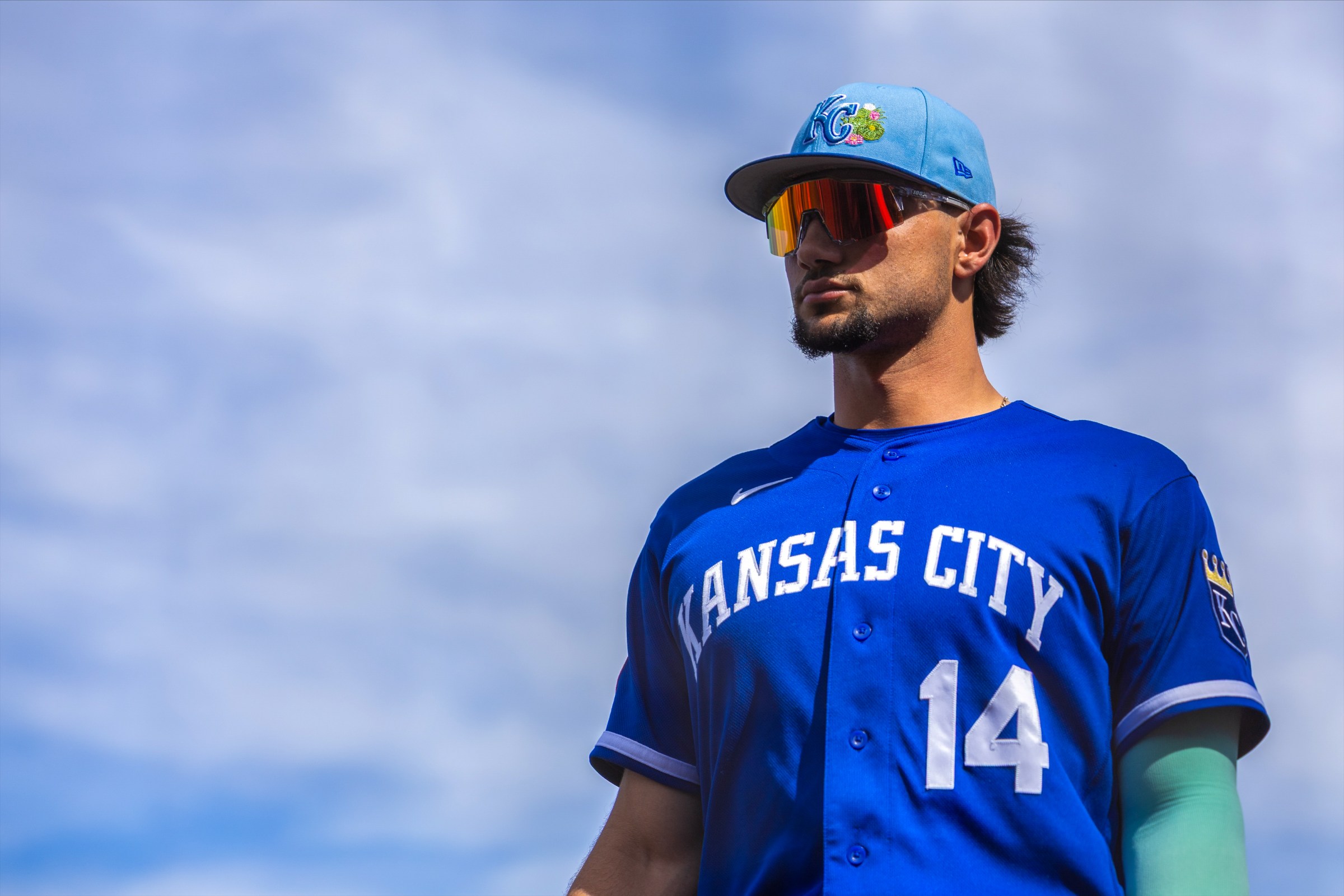 SCOTTSDALE, AZ - FEBRUARY 26: Jac Caglianone #14 of the Kansas City Royals leaves the field during the game between the Kansas City Royals and the Arizona Diamondbacks at Salt River Fields at Talking Stick on Thursday, February 26, 2026 in Scottsdale, Arizona. (Photo by Annalee Ramirez/MLB Photos via Getty Images)