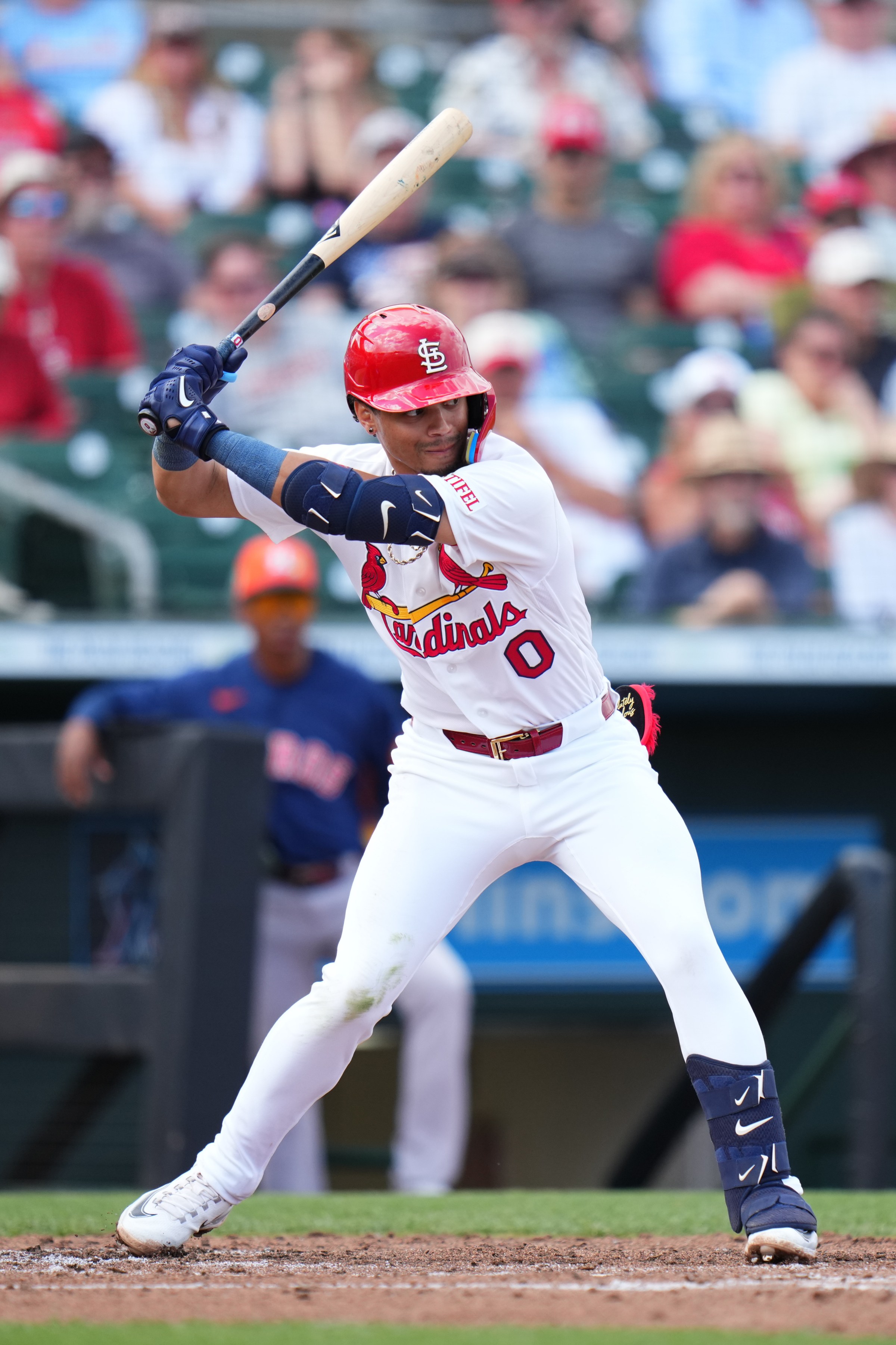 JUPITER, FLORIDA - FEBRUARY 26: Masyn Winn #0 of the St. Louis Cardinals at bat during a spring training game against the Houston Astros at Roger Dean Stadium on February 26, 2026 in Jupiter, Florida. (Photo by Rich Storry/Getty Images)