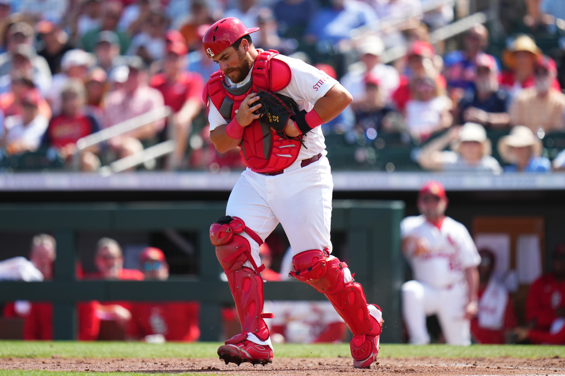 JUPITER, FLORIDA - FEBRUARY 27: Pedro Pagés #43 of the St. Louis Cardinals catches a fly ball against the New York Mets during the third inning of a spring training game at Roger Dean Stadium on February 27, 2026 in Jupiter, Florida. (Photo by Rich Storry/Getty Images)