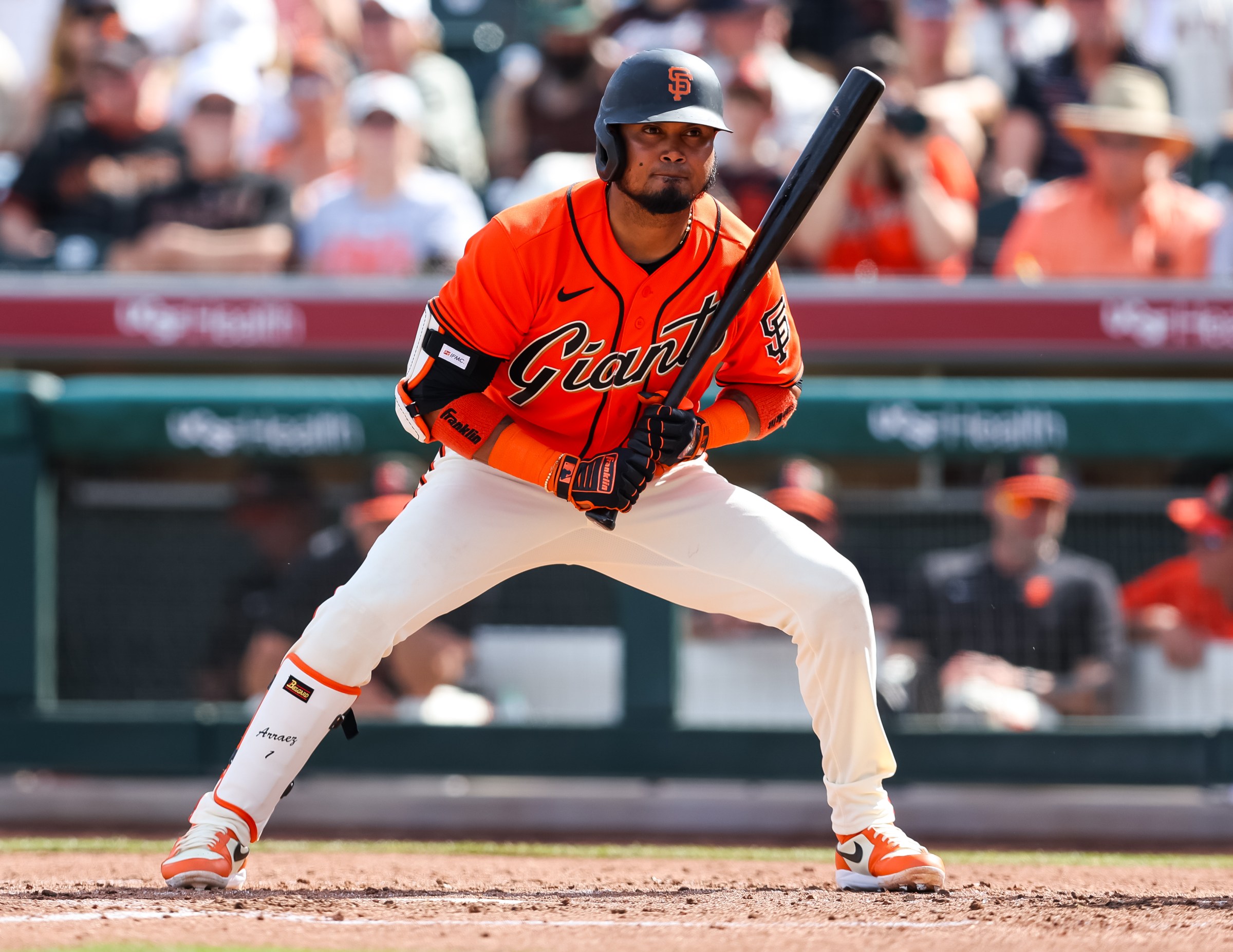 SCOTTSDALE, ARIZONA - FEBRUARY 26: Luis Arraez #1 of the San Francisco Giants bats during the third inning of the spring training game against the Colorado Rockies at Scottsdale Stadium on February 26, 2026 in Scottsdale, Arizona. (Photo by Mike Christy/Getty Images)