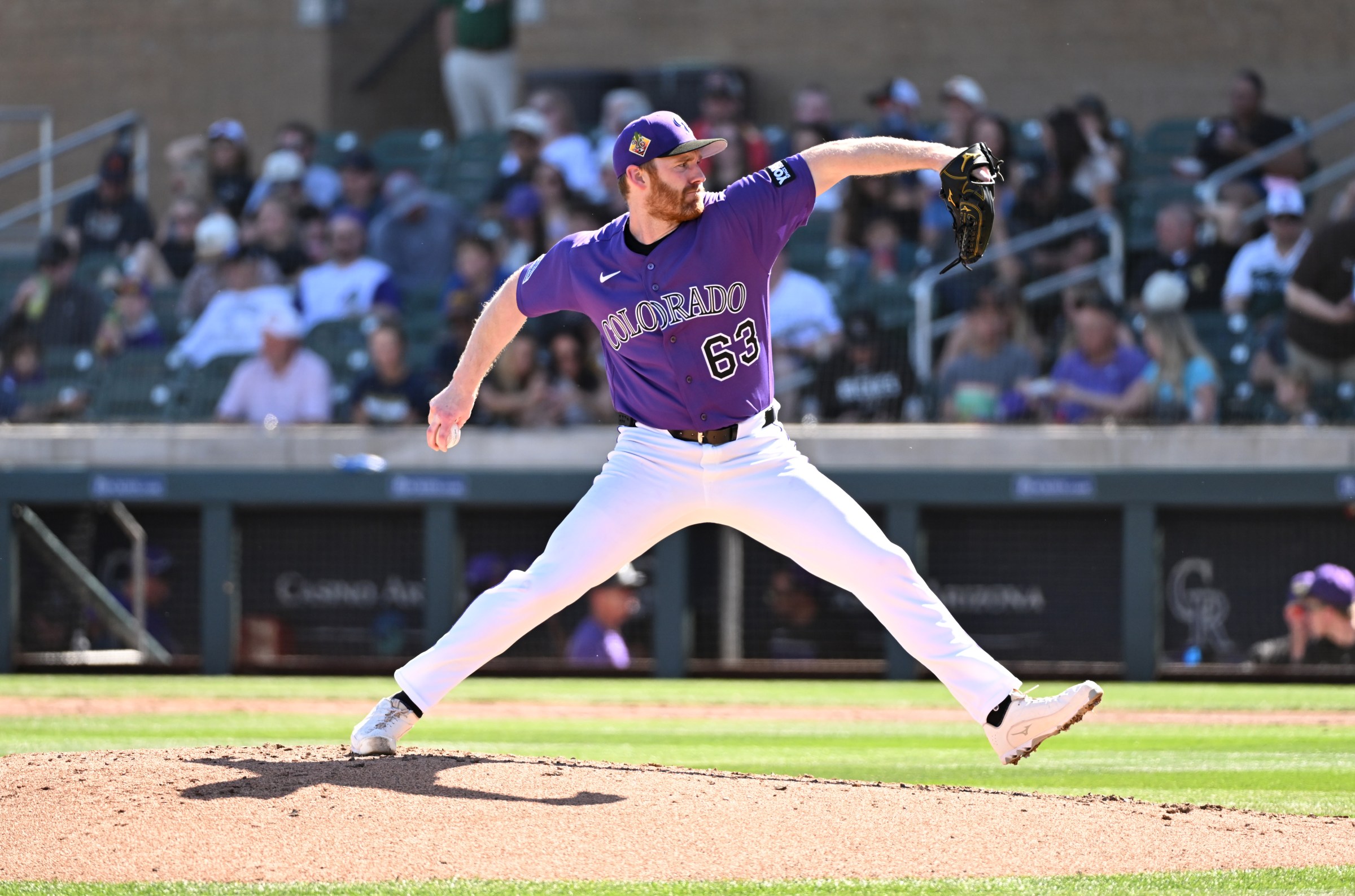 SCOTTSDALE, ARIZONA - FEBRUARY 27: John Brebbia #63 of the Colorado Rockies delivers a pitch against the San Diego Padres during a spring training game at Salt River Fields at Talking Stick on February 27, 2026 in Scottsdale, Arizona. (Photo by Norm Hall/Getty Images)