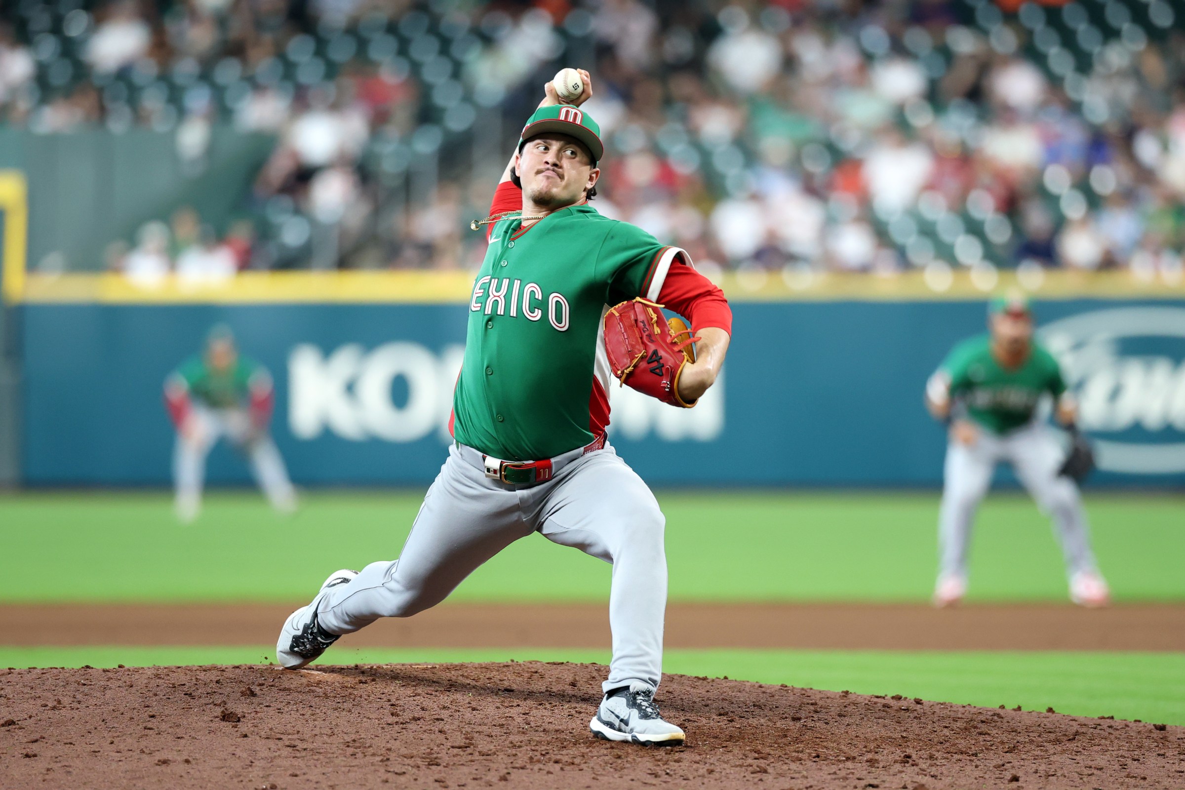 HOUSTON, TX - MARCH 06: Victor Vodnik #11 of Team Mexico pitches in the eighth inning during the 2026 World Baseball Classic Pool B game presented by Capital One between Team Mexico and Team Great Britain at Daikin Park on Friday, March 6, 2026 in Houston, Texas. (Photo by Rob Tringali/WBCI/MLB Photos via Getty Images)