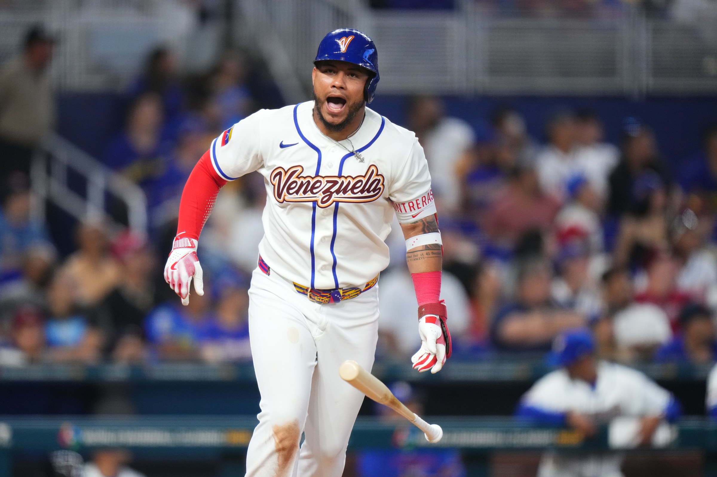 MIAMI, FLORIDA - MARCH 06: Willson Contreras #40 of Team Venezuela reacts after hitting a fly ball for an out against Team Netherlands during the seventh inning of a 2026 World Baseball Classic Pool D game at loanDepot park on March 06, 2026 in Miami, Florida. (Photo by Rich Storry/Getty Images)