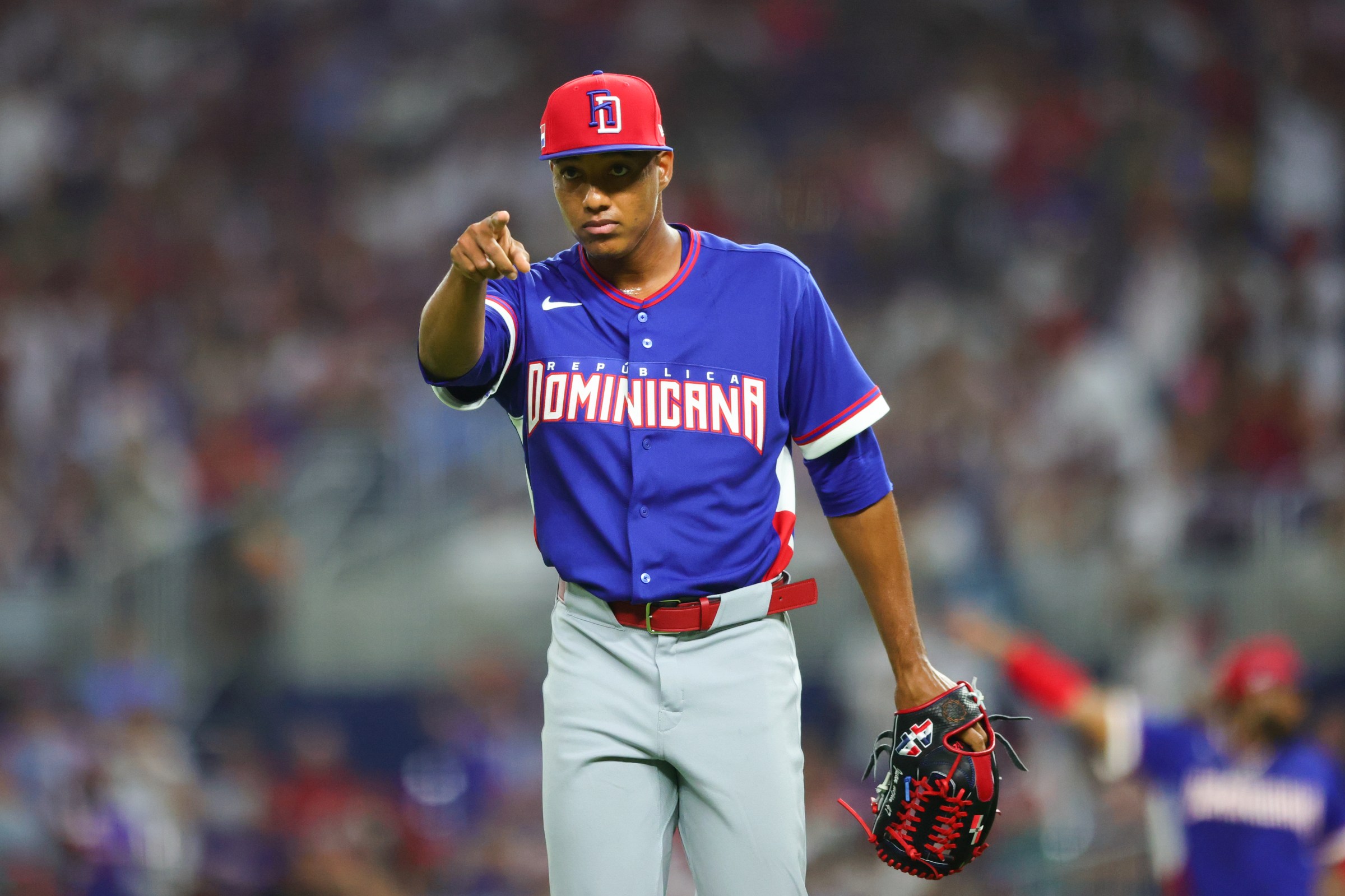 MIAMI, FL - MARCH 11: Juan Mejia #47 of Team Dominican Republic celebrates during the 2026 World Baseball Classic Pool D game presented by Capital One between Team Dominican Republic and Team Venezuela at loanDepot park on Wednesday, March 11, 2026 in Miami, Florida. (Photo by Kelly Gavin/WBCI/MLB Photos via Getty Images)