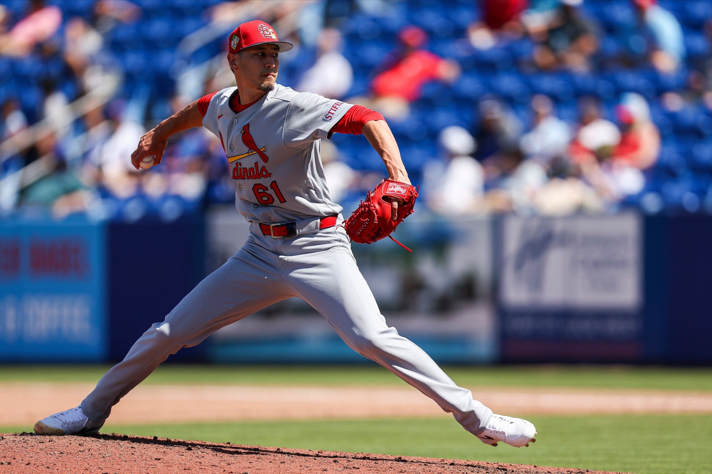 PORT ST. LUCIE, FL - MARCH 10: Riley O’Brien #61 of the St. Louis Cardinals pitches during the game between the St. Louis Cardinals and the New York Mets at Clover Park on Tuesday, March 10, 2026 in Port St. Lucie, Florida. (Photo by Phebe Grosser/MLB Photos via Getty Images)