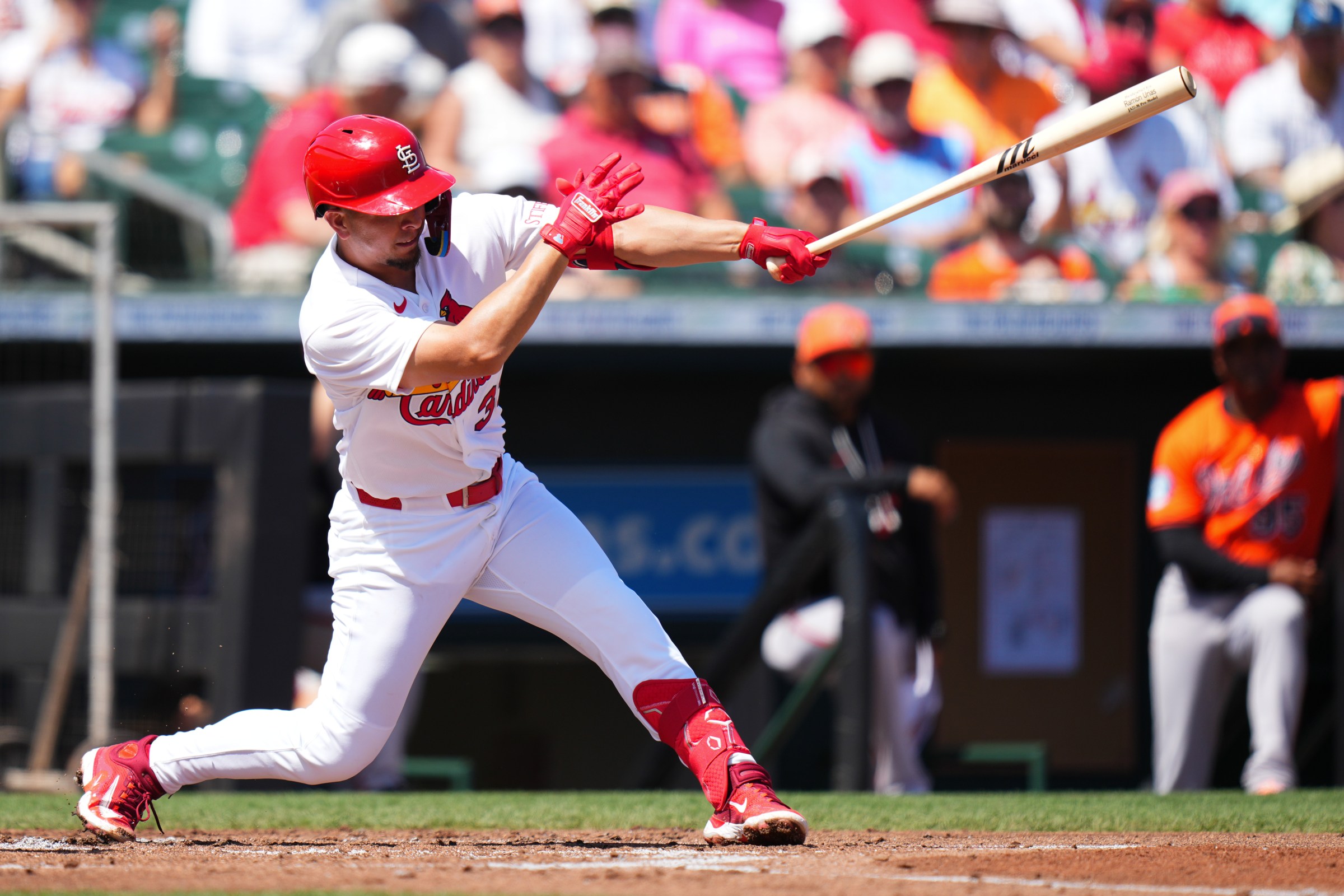 JUPITER, FLORIDA - MARCH 09: Ramón Urías #33 of the St. Louis Cardinals hits a single against the Baltimore Orioles during the second inning of a spring training game at Roger Dean Stadium on March 09, 2026 in Jupiter, Florida. (Photo by Rich Storry/Getty Images)