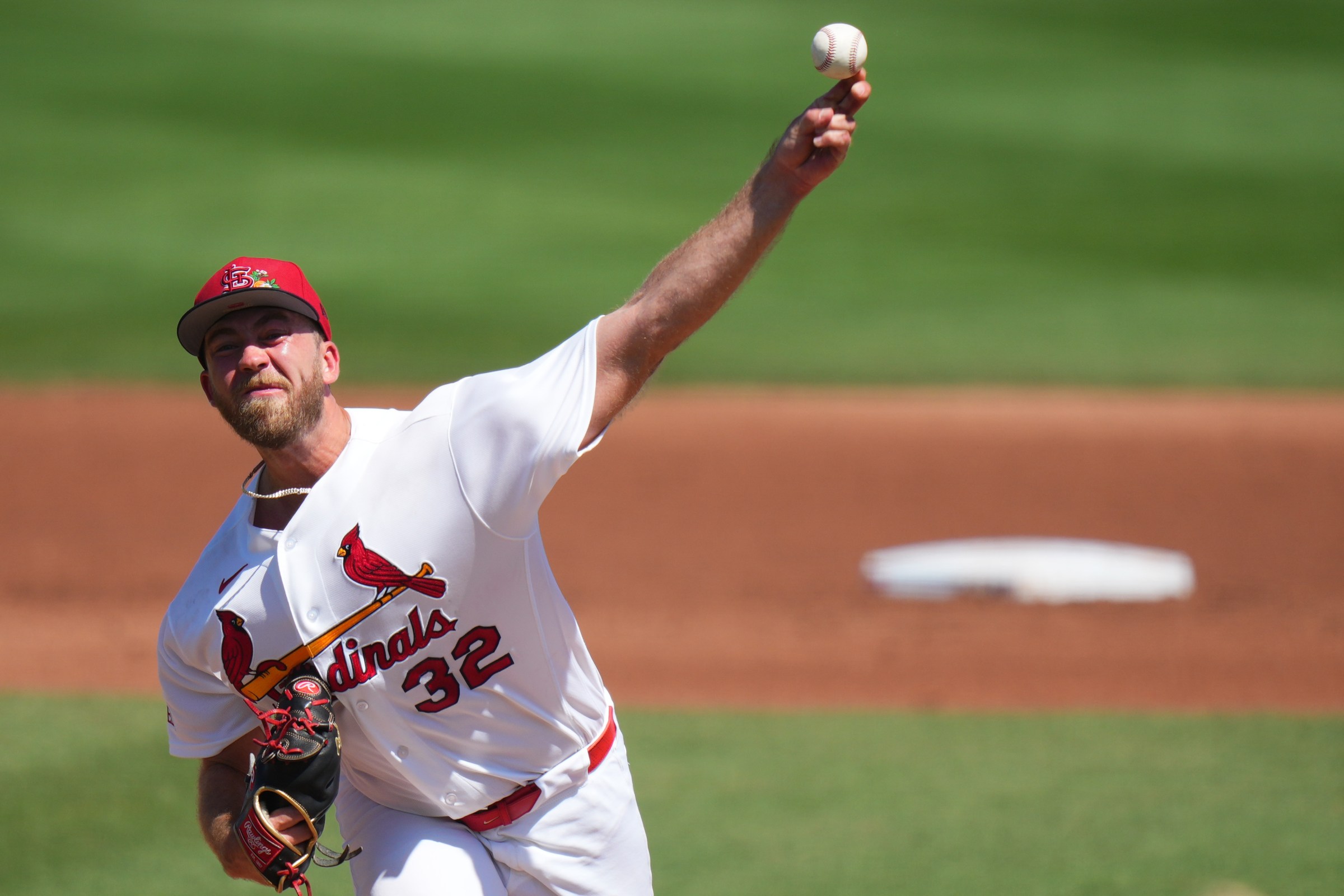 JUPITER, FLORIDA - MARCH 09: Matthew Liberatore #32 of the St. Louis Cardinals throws a pitch during a spring training game against the Baltimore Orioles at Roger Dean Stadium on March 09, 2026 in Jupiter, Florida. (Photo by Rich Storry/Getty Images)