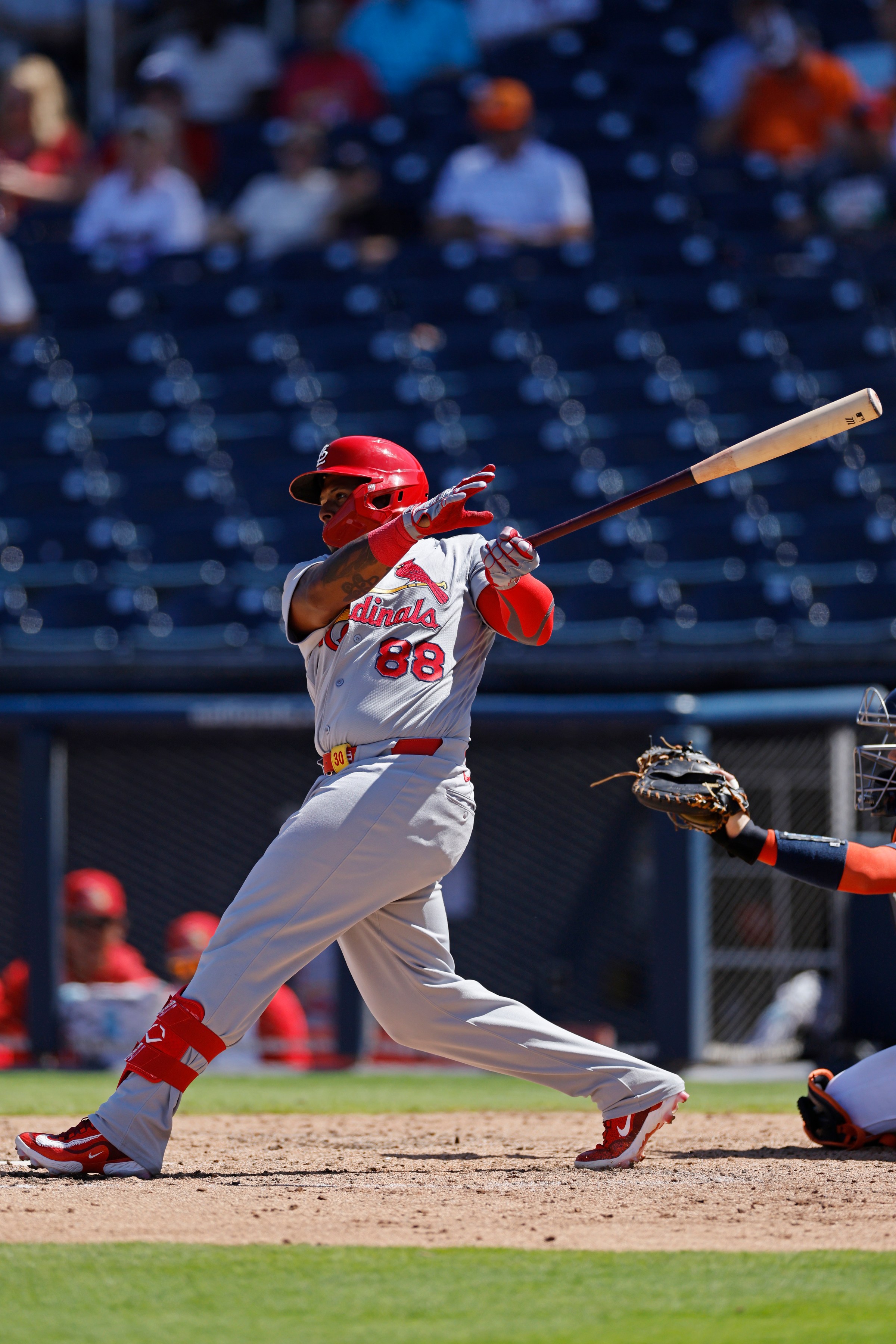 WEST PALM BEACH, FL - MARCH 09: Nelson Velázquez (88) of the St. Louis Cardinals bats during a spring training game against the Houston Astros on March 09, 2026 at CACTI Park of the Palm Beaches in West Palm Beach, Florida. (Photo by Joe Robbins/Icon Sportswire via Getty Images)
