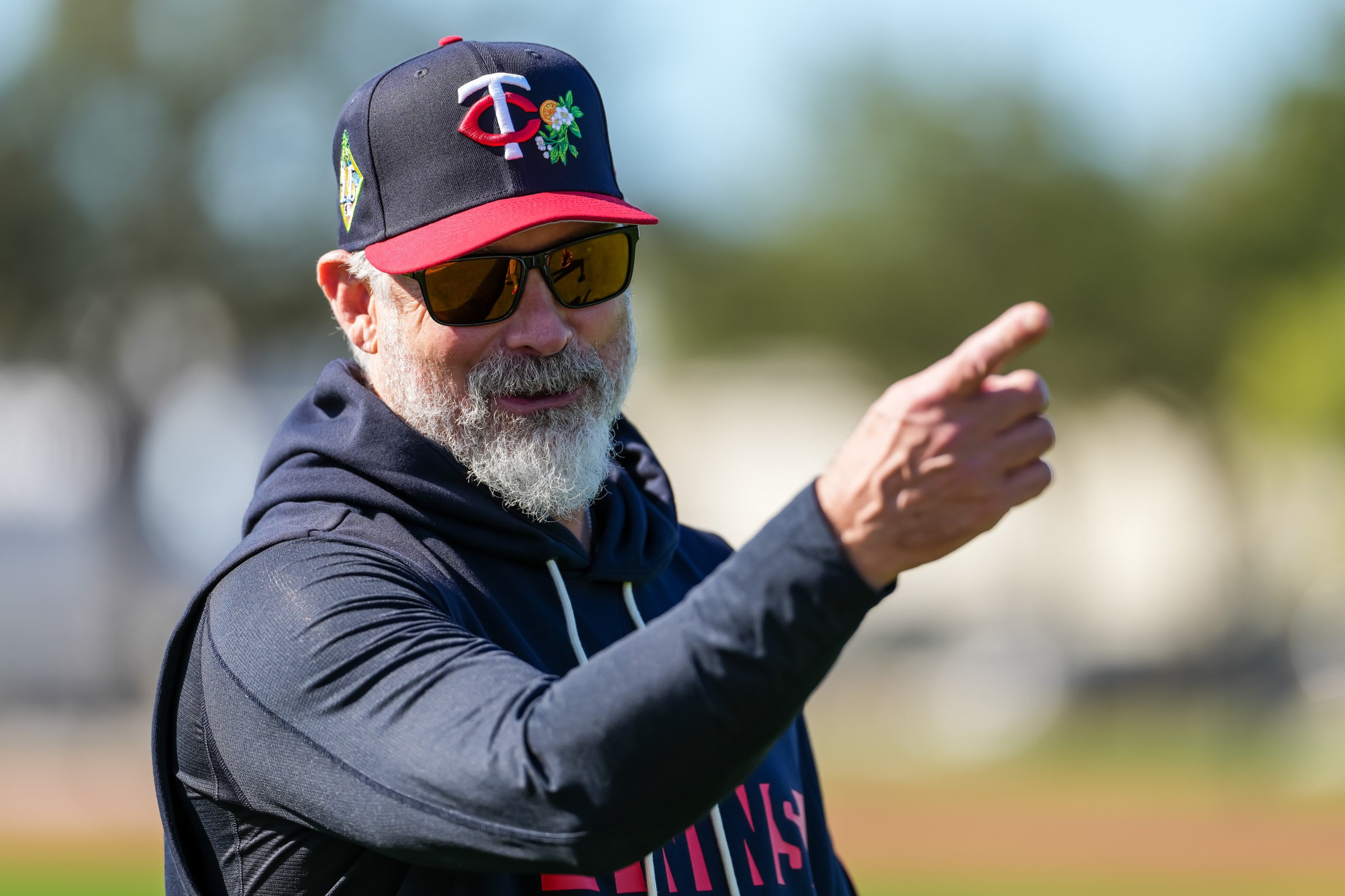 FORT MYERS, FL- FEBRUARY 12: Manager Derek Shelton #8 of the Minnesota Twins during a spring training workout on February 12, 2026 at Hammond Stadium in Fort Myers, Florida. (Photo by Brace Hemmelgarn/Minnesota Twins/Getty Images)