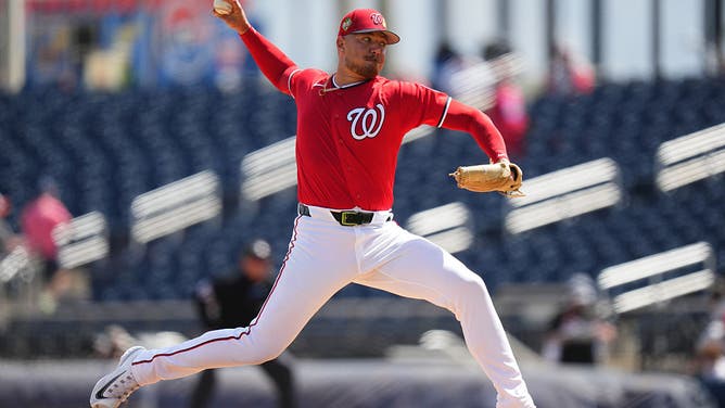 WEST PALM BEACH, FLORIDA - MARCH 11: Cade Cavalli #24 of the Washington Nationals throws a pitch against the St. Louis Cardinals during the first inning of a spring training game at CACTI Park of the Palm Beaches on March 11, 2026 in West Palm Beach, Florida.
