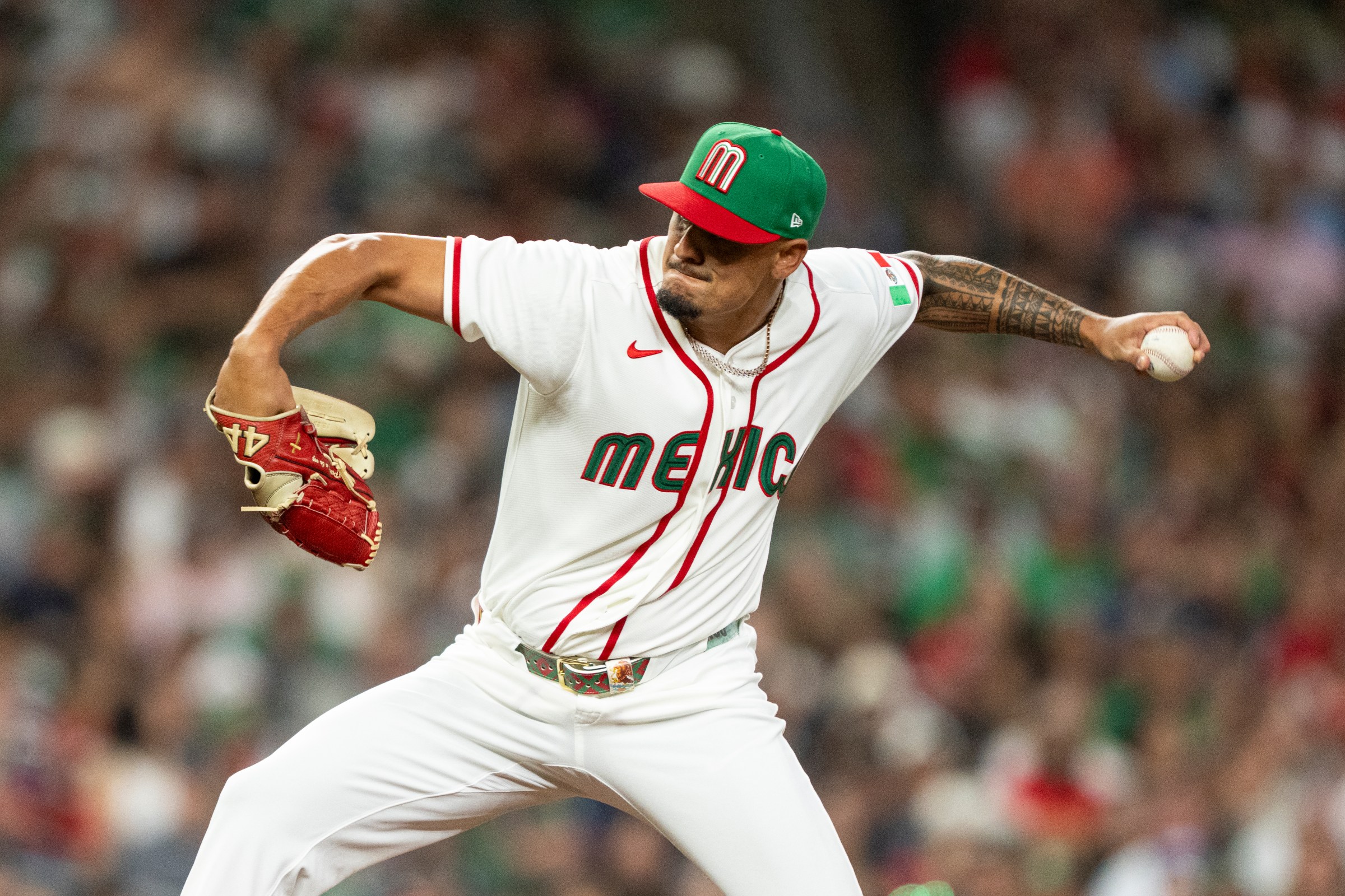 HOUSTON, TEXAS - MARCH 11: Brennan Bernardino #22 of Mexico pitches in the 4th inning against Italy during the 2026 World Baseball Classic - Pool B at Daikin Park on March 11, 2026 in Houston, Texas. (Photo by Houston Astros/Getty Images)