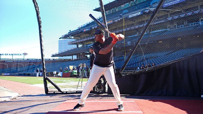 SAN FRANCISCO, CALIFORNIA - MARCH 23: Rafael Devers #16 of the San Francisco Giants takes batting practice before the game at Oracle Park on March 23, 2026 in San Francisco, California.