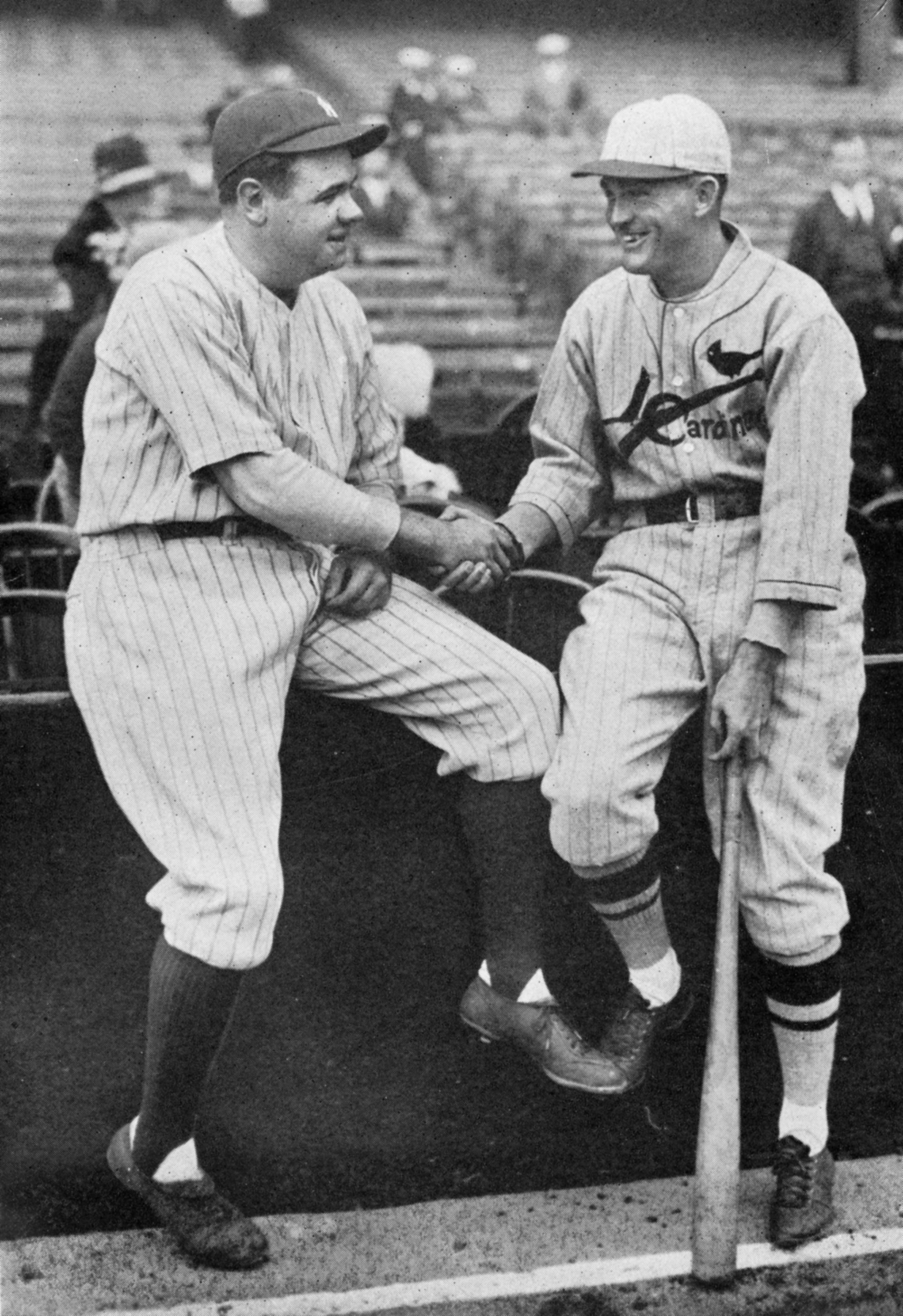 NEW YORK - OCTOBER 2, 1926. Babe Ruth of the New York Yankees and Rogers Hornsby of the St. Louis Cardinals shake hands in Yankee Stadium before the start of the World Series on October 2, 1926. (Photo by Mark Rucker/Transcendental Graphics, Getty Images)