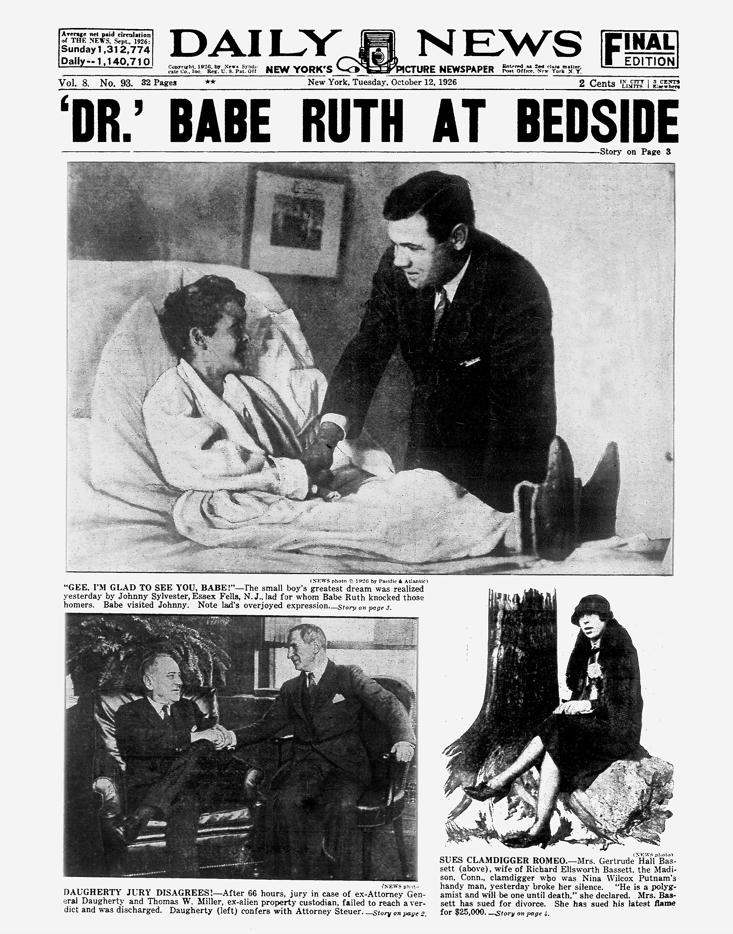UNITED STATES - OCTOBER 12: Daily News front page October 12, 1926, Headline: ‘DR.’ BABE RUTH AT BEDSIDE, “Gee, I’M Glad To See You, Babe!”... The small boy’s greatest dream was realized yesterday by Johnny Sylvester, Essex Fells, N.J. lad for whom Babe Ruth knocked those homers. Babe visited Johnny. Note lad’s overjoyed expression., (Photo by NY Daily News Archive via Getty Images)