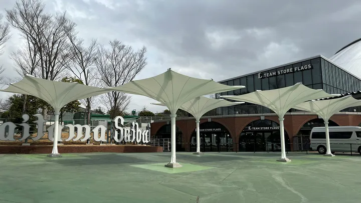 Large umbrella (in front of Flags) [Photo: provided by the baseball team]