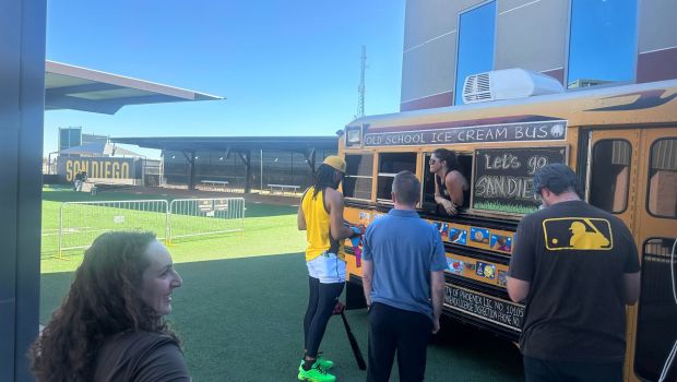 Fernando Tatis Jr. stops to get an ice cream after batting practice.