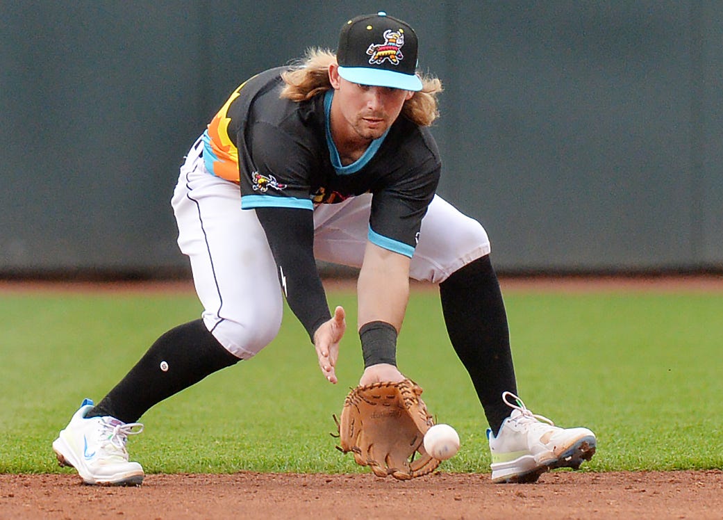 Erie SeaWolves shortstop Jim Jarvis makes a play against the Chesapeake Baysox during an Eastern League baseball game at UPMC Park in Erie on June 17, 2025.